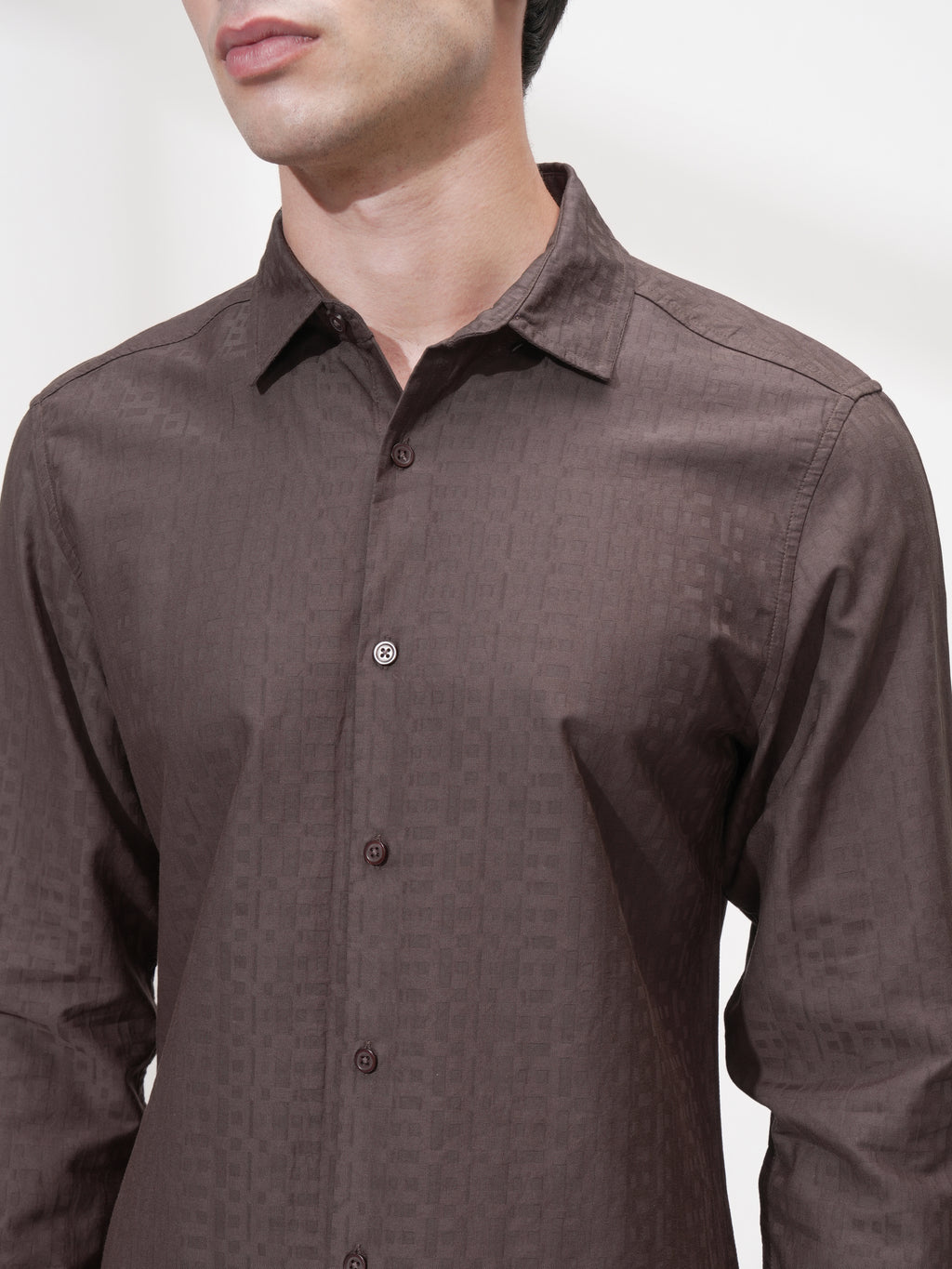Highlander Men Brown Self Design Slim Fit Casual Shirt - Brown - Image 5