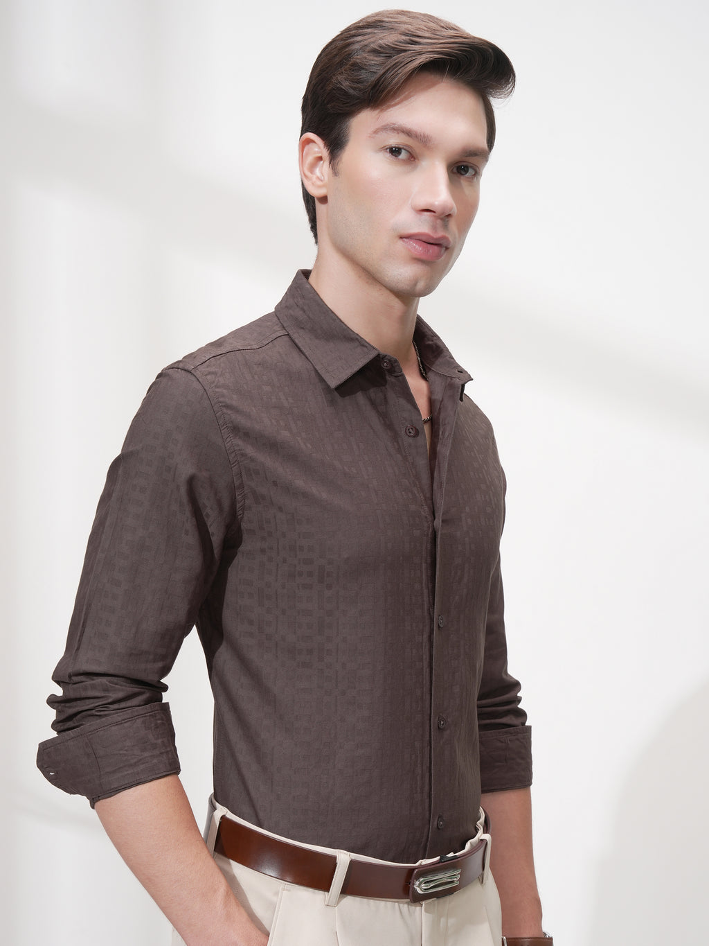 Highlander Men Brown Self Design Slim Fit Casual Shirt - Brown - Image 6