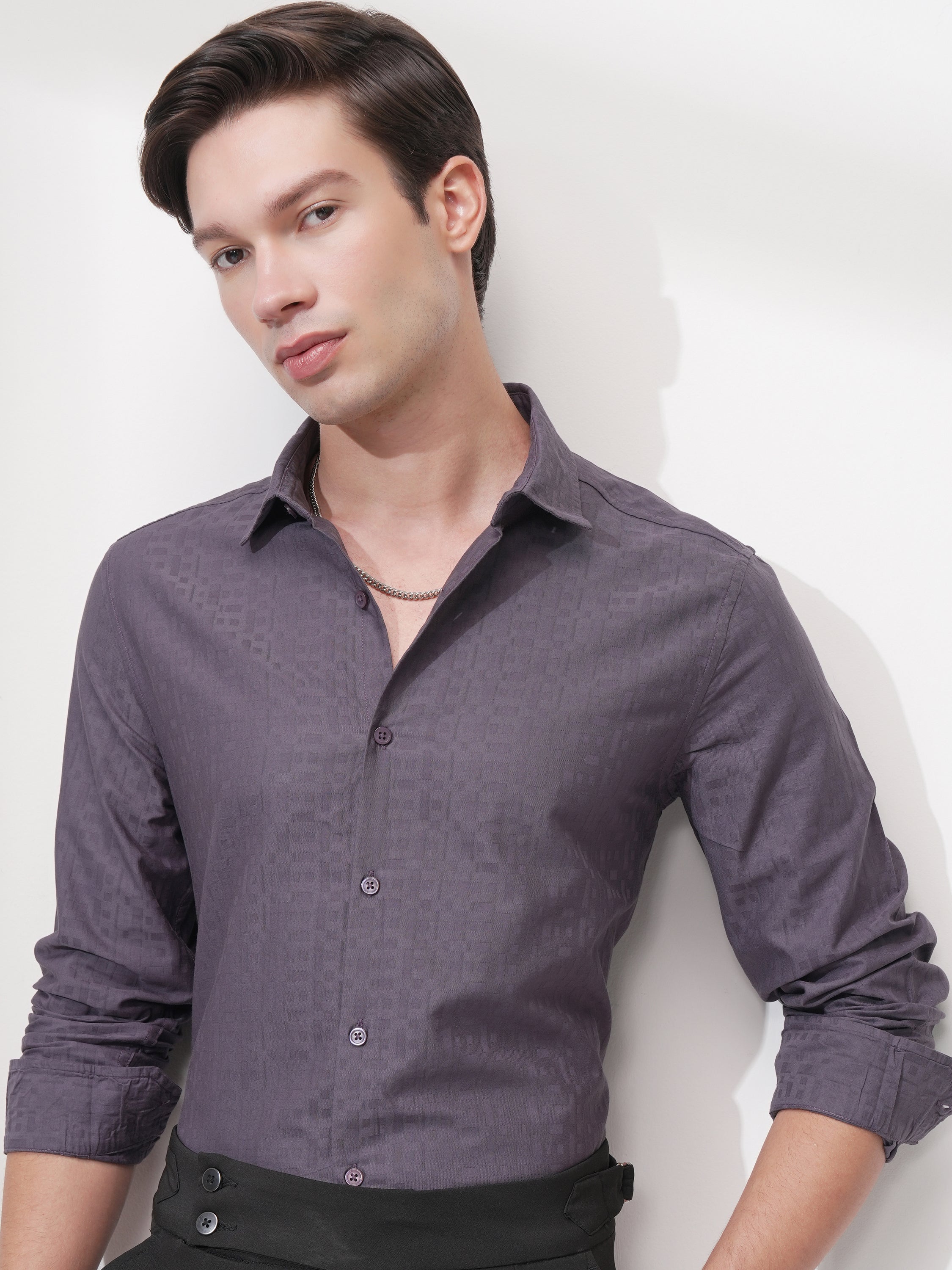 Highlander Men Purple Self Design Slim Fit Casual Shirt - Purple - Image 1