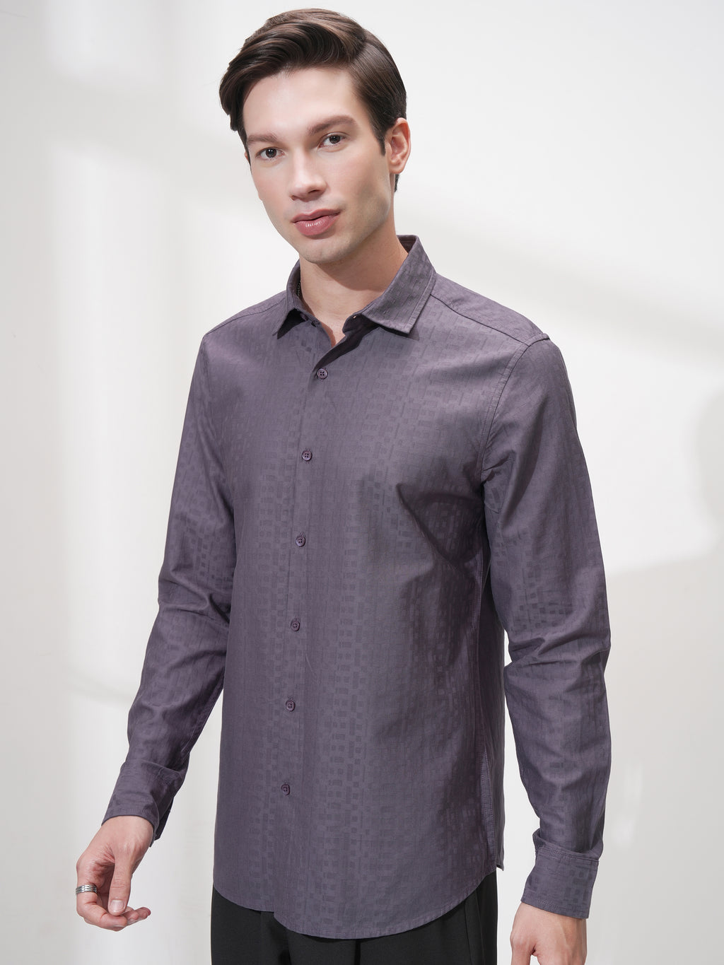 Highlander Men Purple Self Design Slim Fit Casual Shirt - Purple - Image 4