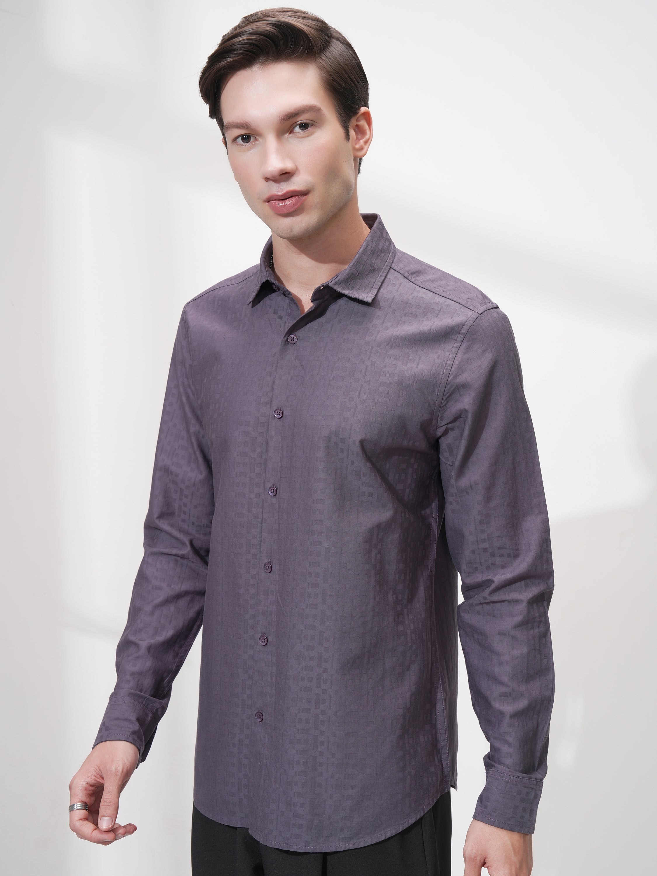 Highlander Men Purple Self Design Slim Fit Casual Shirt - Purple - Image 4