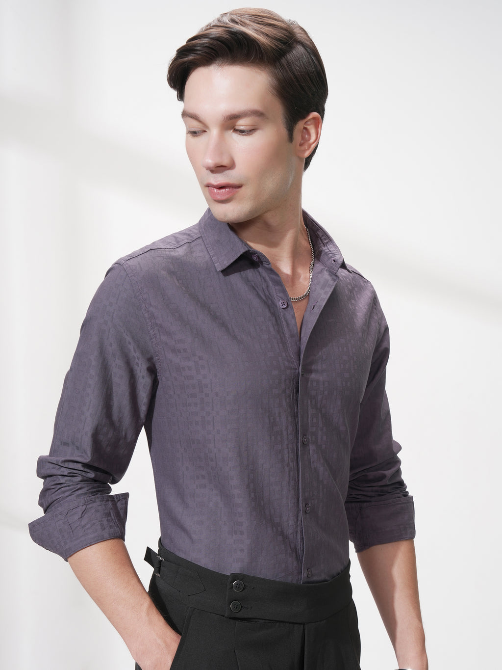 Highlander Men Purple Self Design Slim Fit Casual Shirt - Purple - Image 6