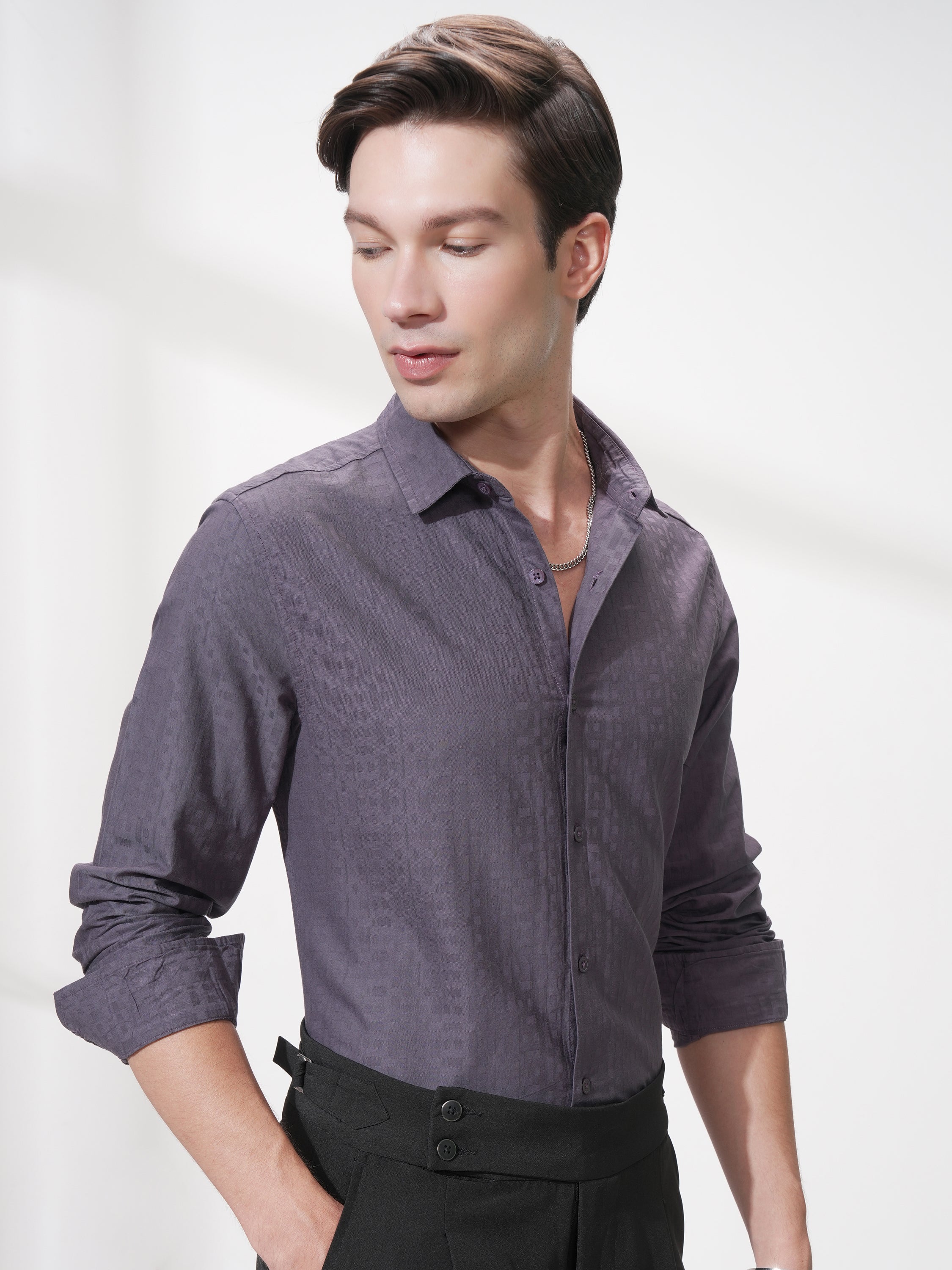 Highlander Men Purple Self Design Slim Fit Casual Shirt - Purple - Image 6