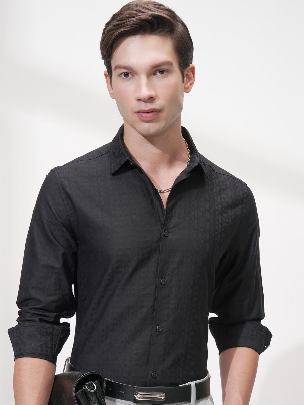 Highlander Men Black Self Design Slim Fit Casual Shirt - Black - Image 1