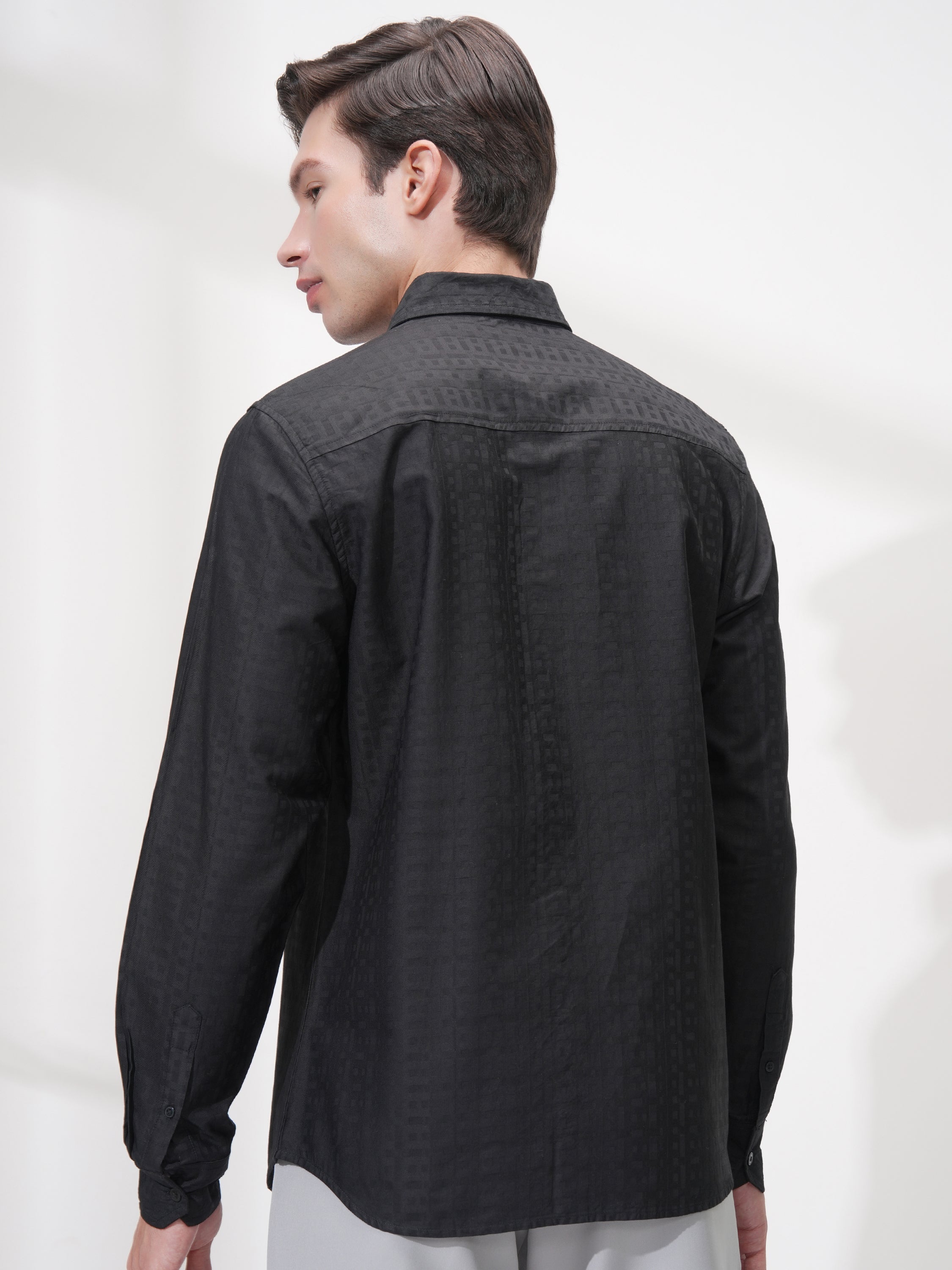 Highlander Men Black Self Design Slim Fit Casual Shirt - Black - Image 3
