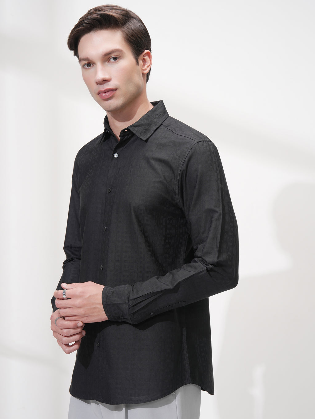 Highlander Men Black Self Design Slim Fit Casual Shirt - Black - Image 4