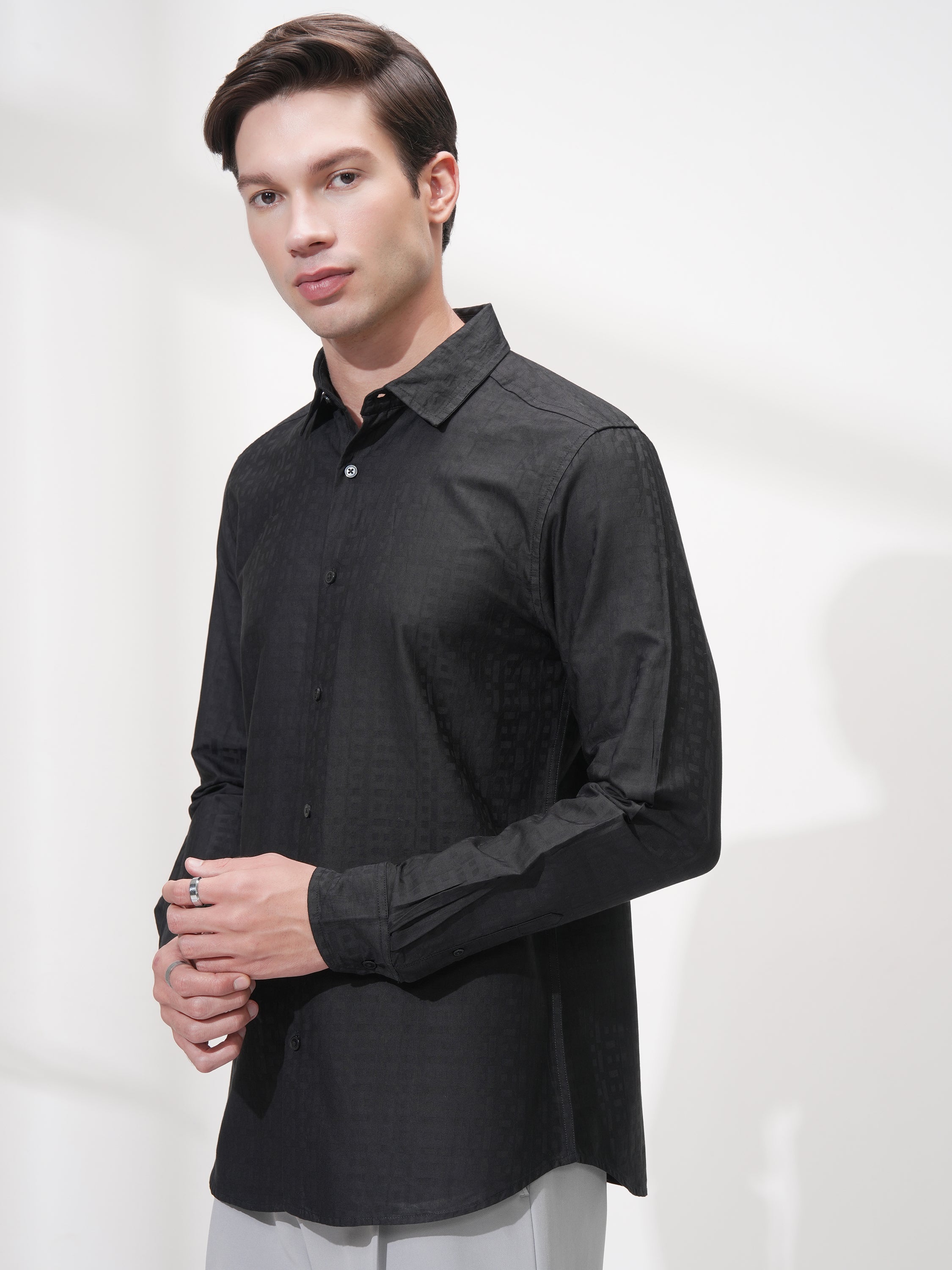 Highlander Men Black Self Design Slim Fit Casual Shirt - Black - Image 4