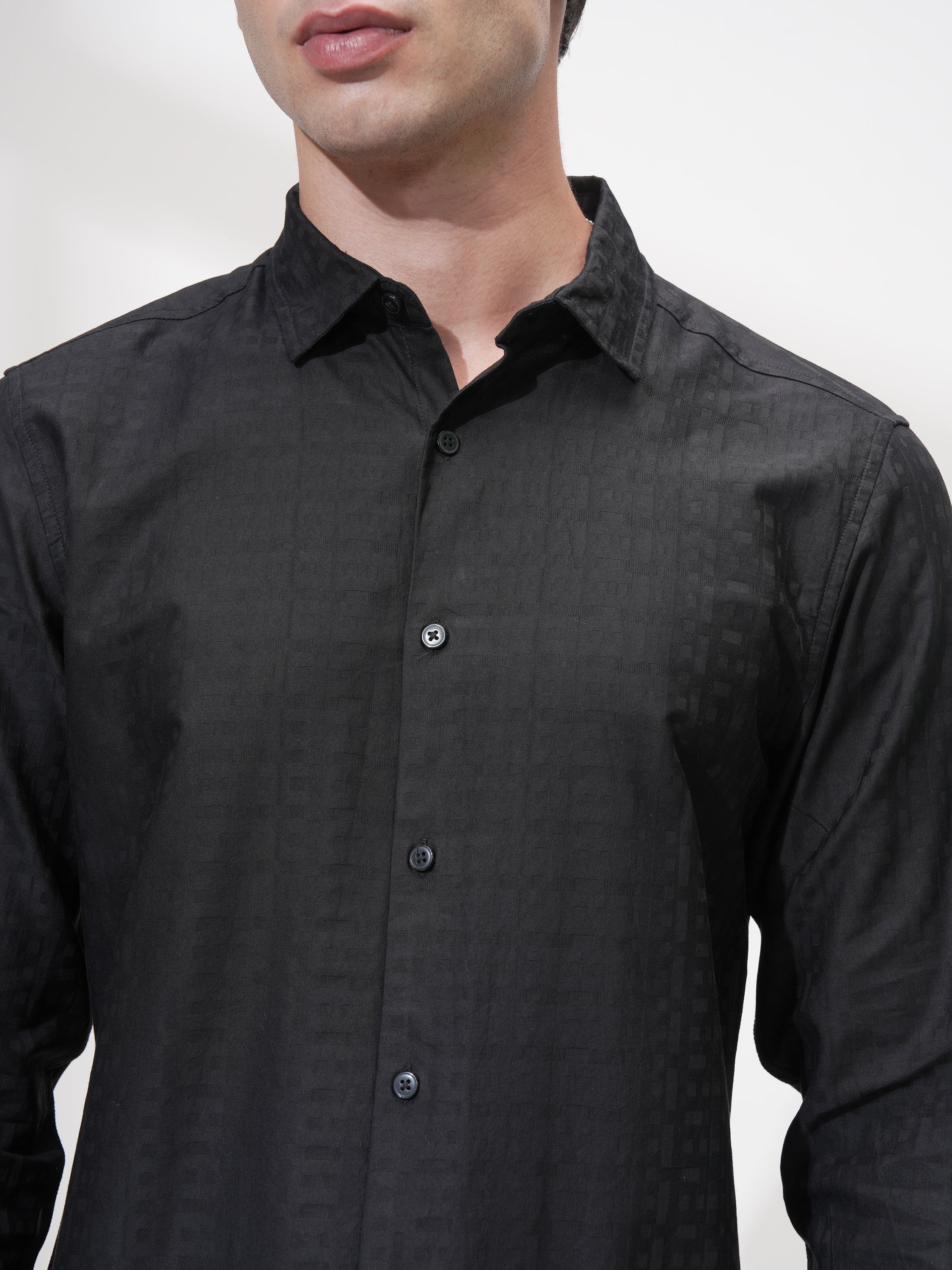 Highlander Men Black Self Design Slim Fit Casual Shirt - Black - Image 5