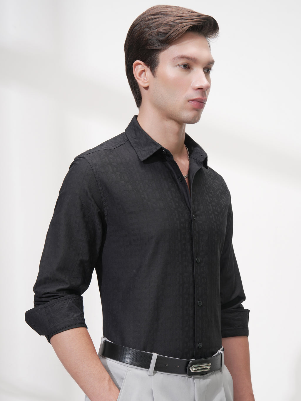 Highlander Men Black Self Design Slim Fit Casual Shirt - Black - Image 6
