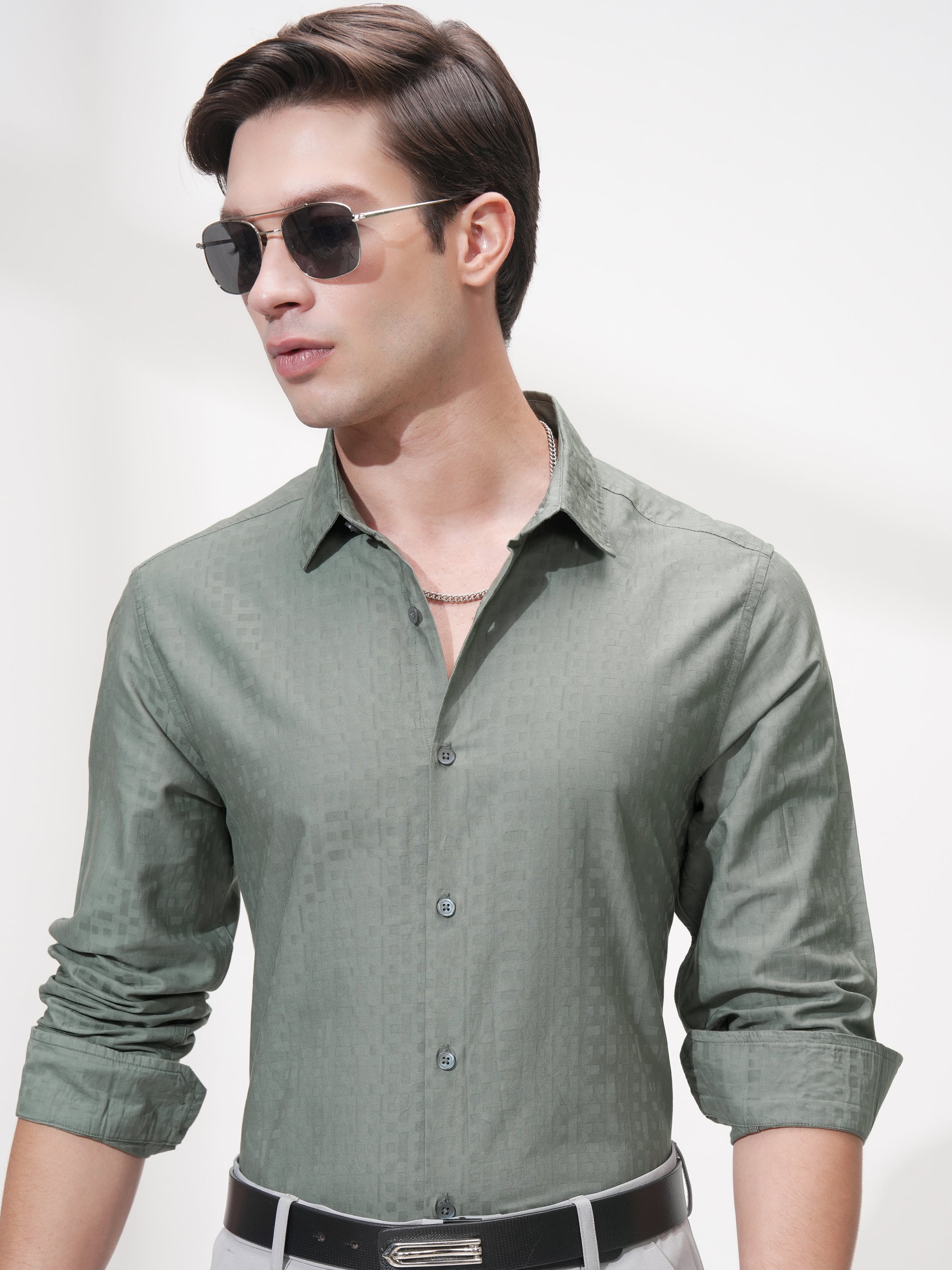 Highlander Men Green Self Design Slim Fit Casual Shirt - Green - Image 1