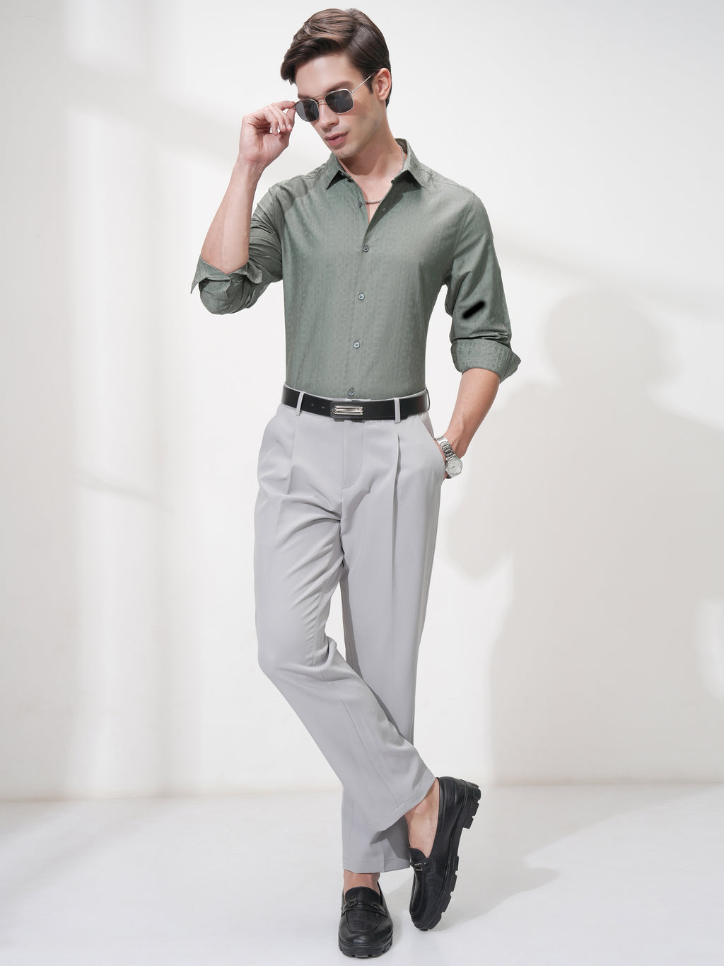 Highlander Men Green Self Design Slim Fit Casual Shirt - Green - Image 2