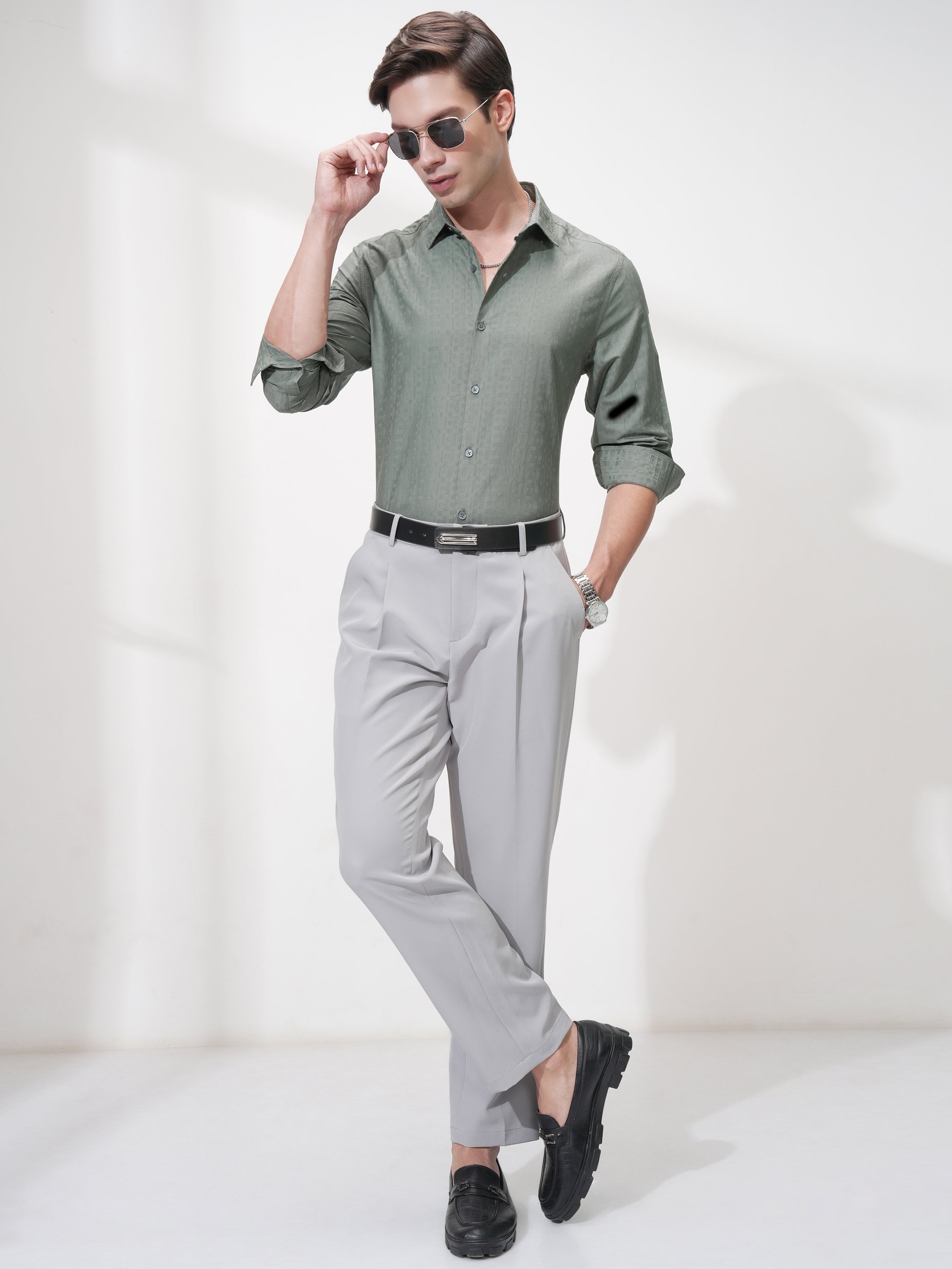 Highlander Men Green Self Design Slim Fit Casual Shirt - Green - Image 2