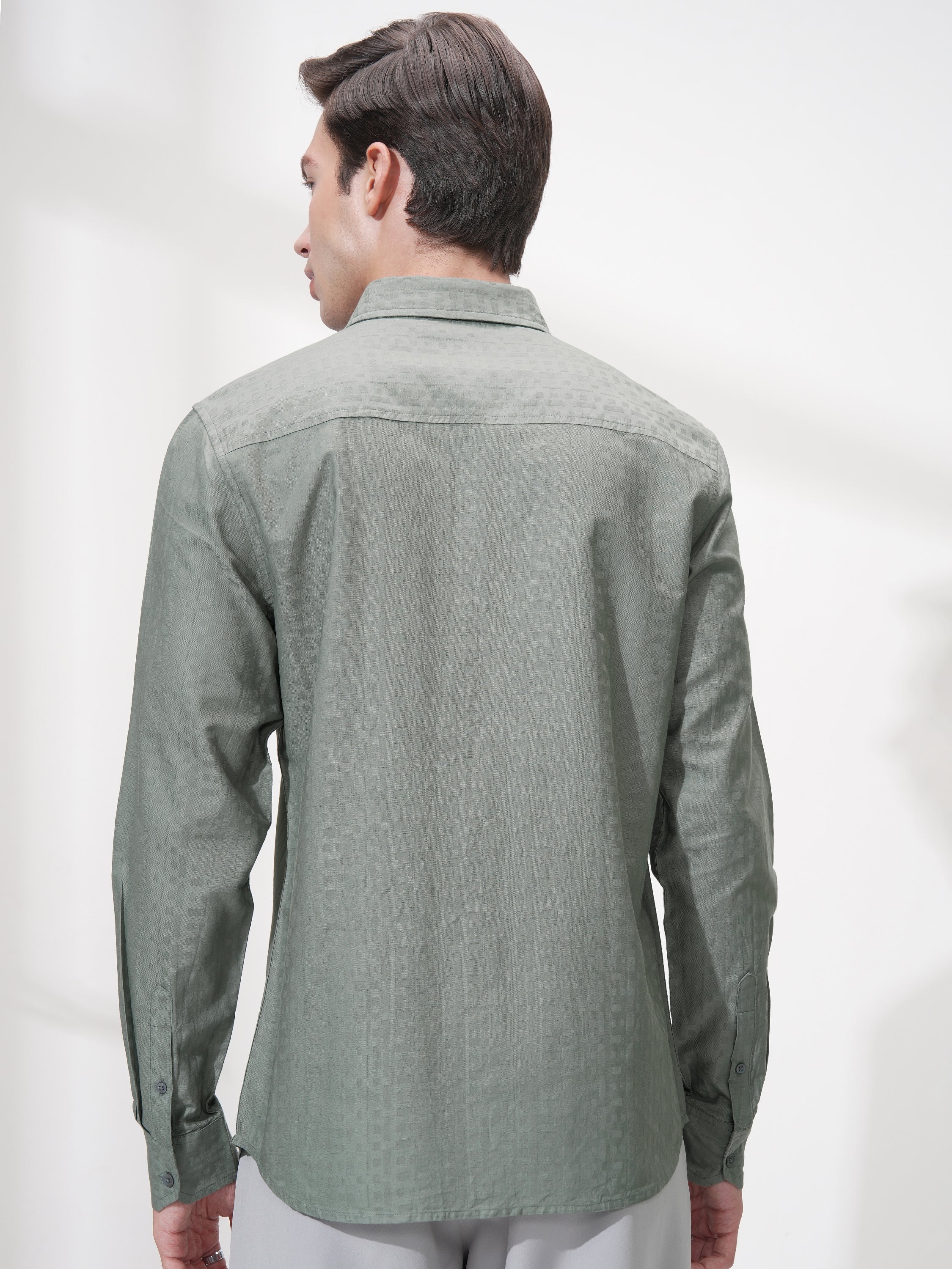 Highlander Men Green Self Design Slim Fit Casual Shirt - Green - Image 3