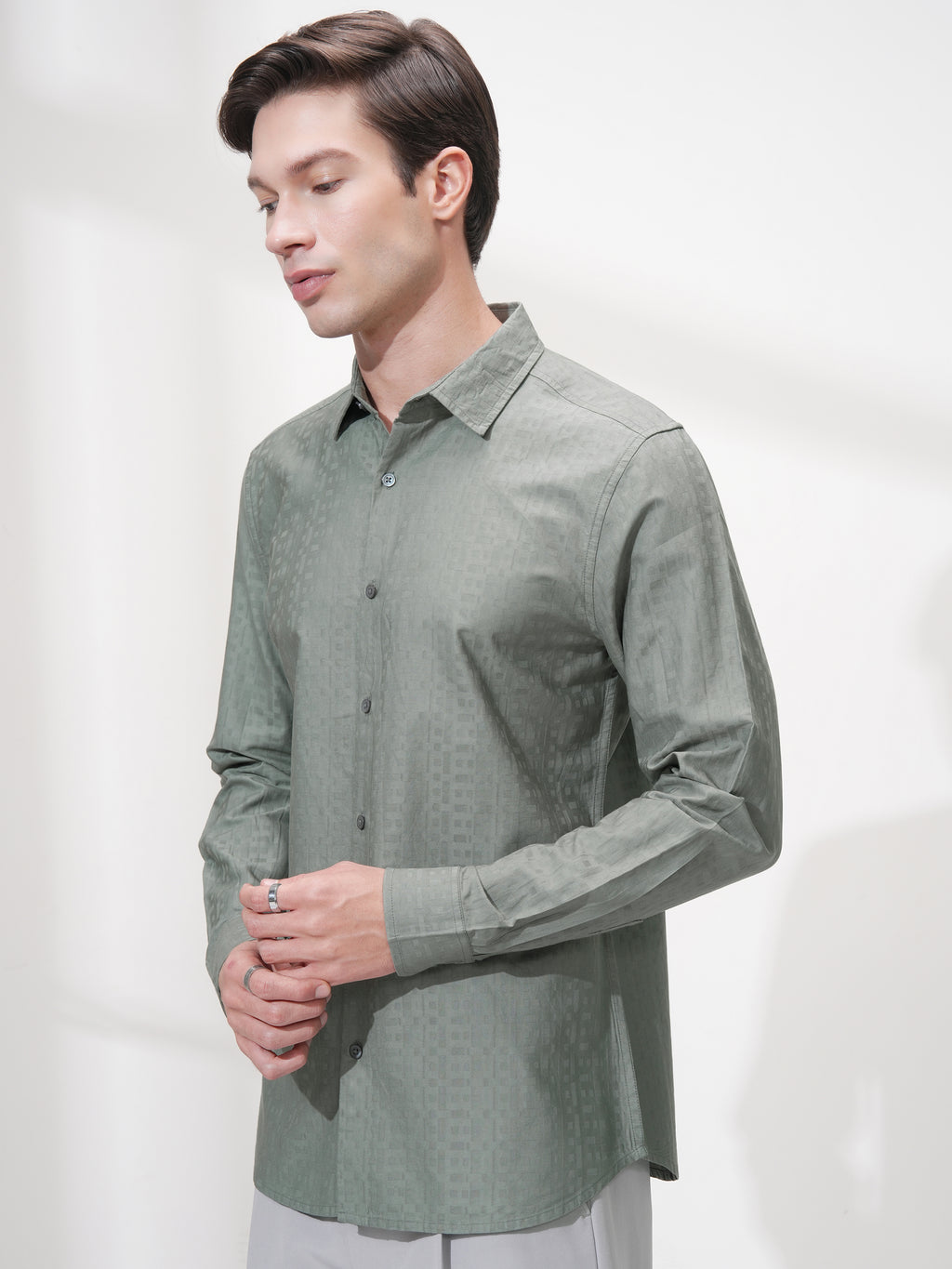 Highlander Men Green Self Design Slim Fit Casual Shirt - Green - Image 4