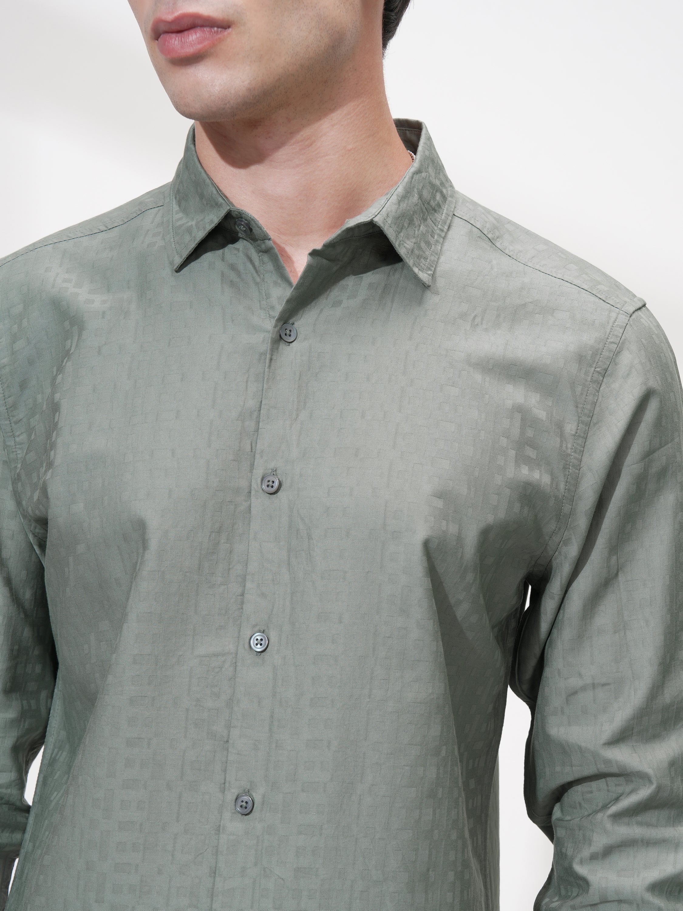 Highlander Men Green Self Design Slim Fit Casual Shirt - Green - Image 5