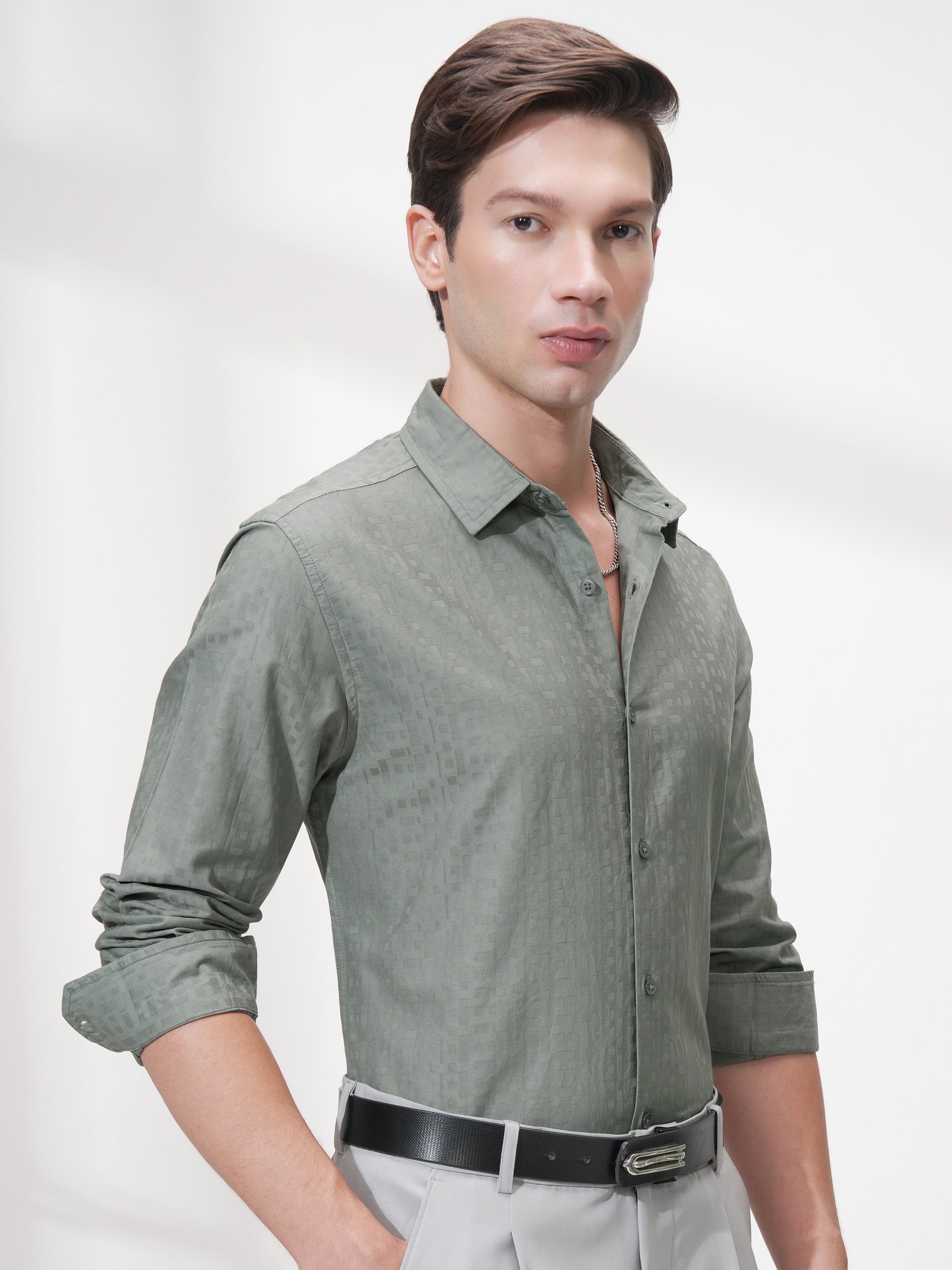 Highlander Men Green Self Design Slim Fit Casual Shirt - Green - Image 6