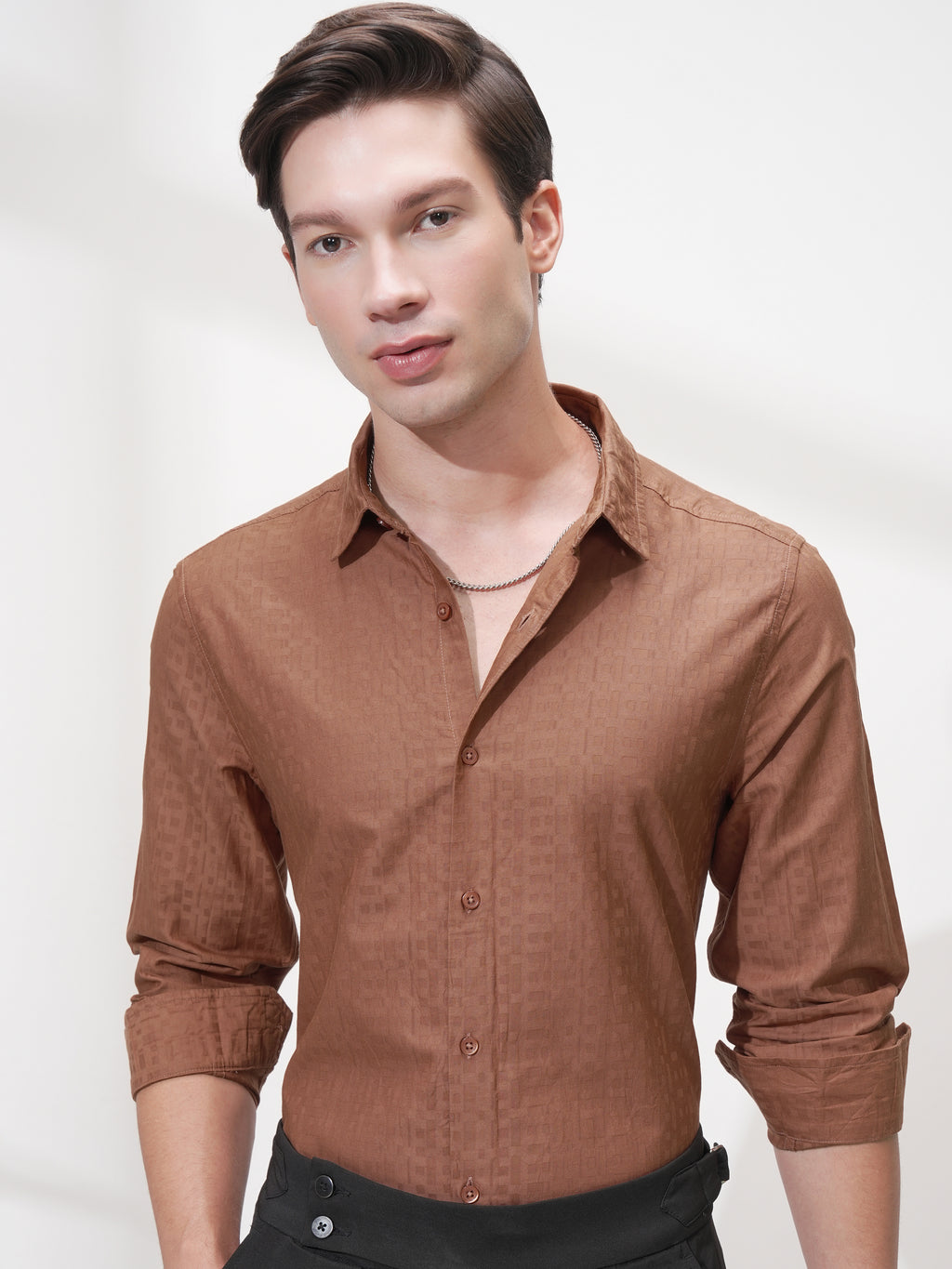 Highlander Men Rust Self Design Slim Fit Casual Shirt - Rust - Image 1