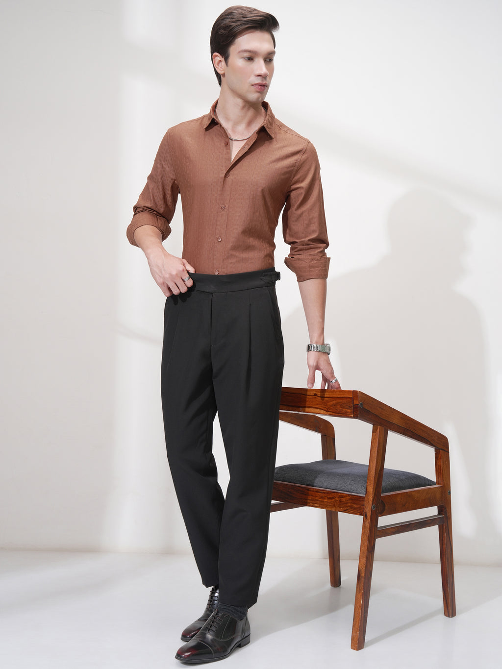 Highlander Men Rust Self Design Slim Fit Casual Shirt - Rust - Image 2