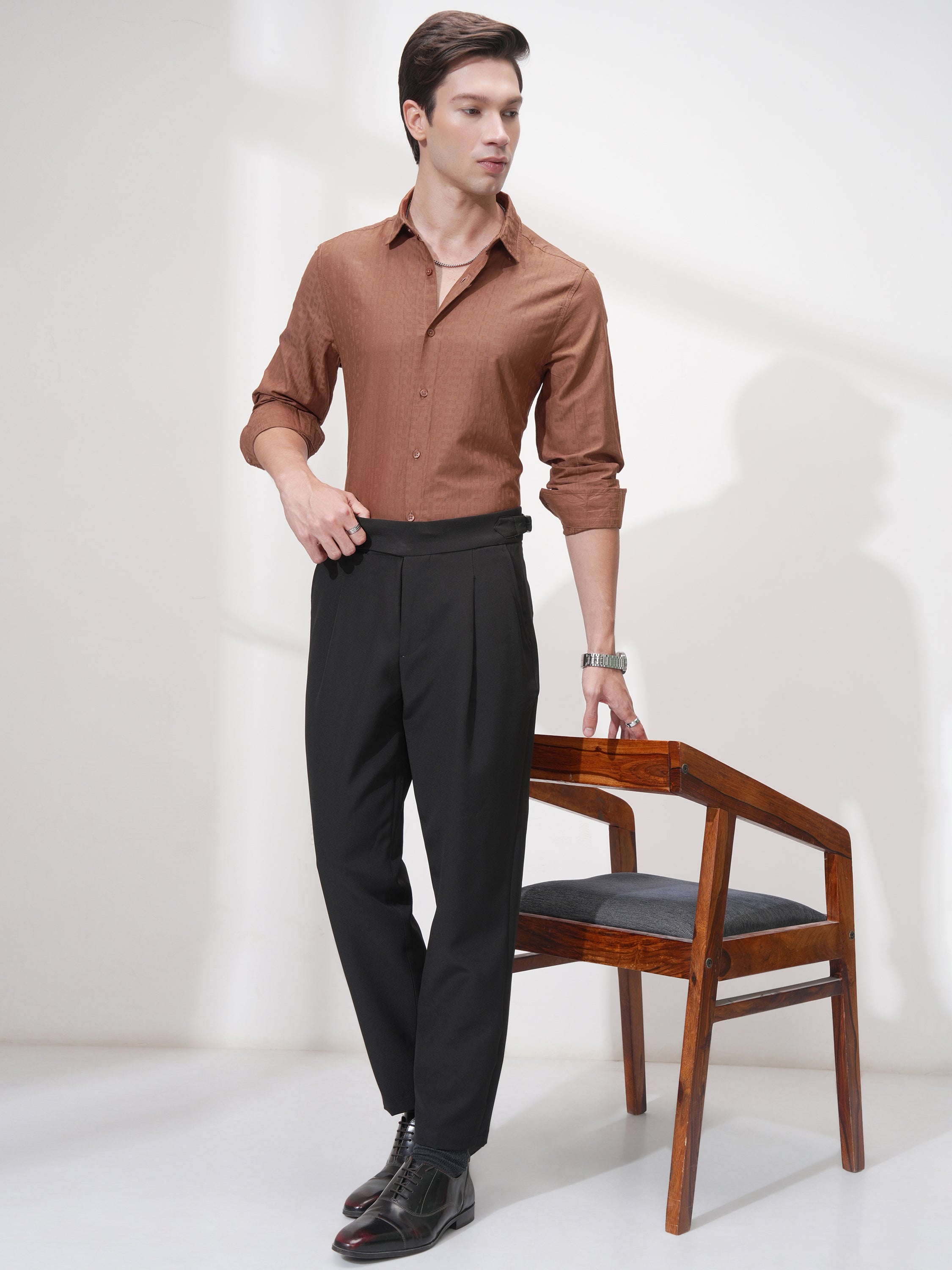 Highlander Men Rust Self Design Slim Fit Casual Shirt - Rust - Image 2