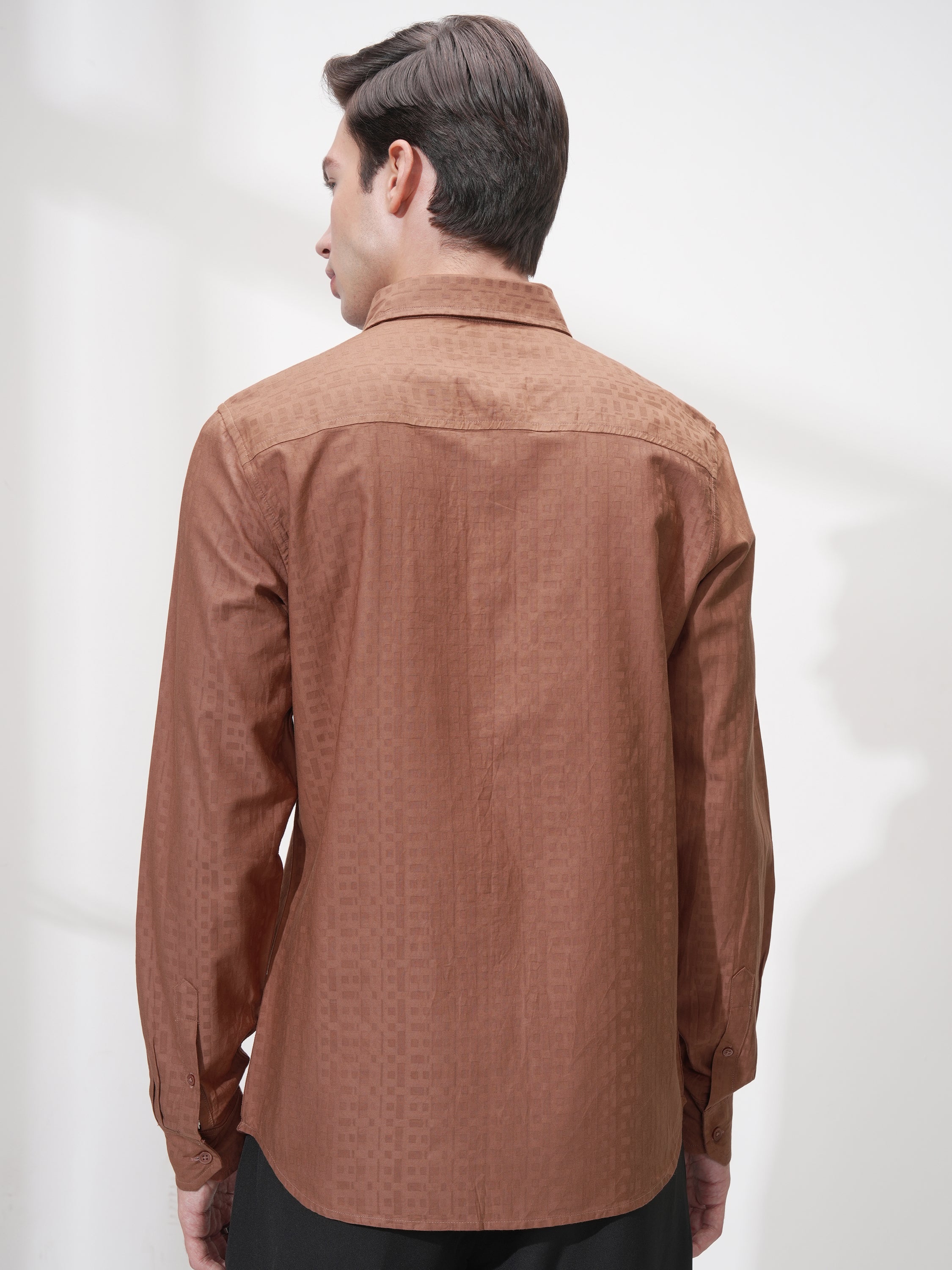 Highlander Men Rust Self Design Slim Fit Casual Shirt - Rust - Image 3