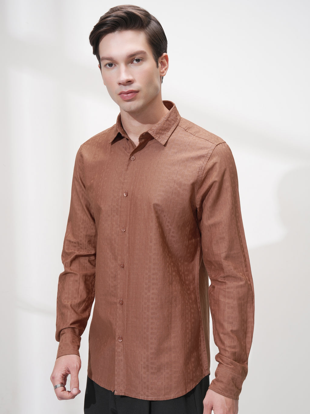 Highlander Men Rust Self Design Slim Fit Casual Shirt - Rust - Image 4