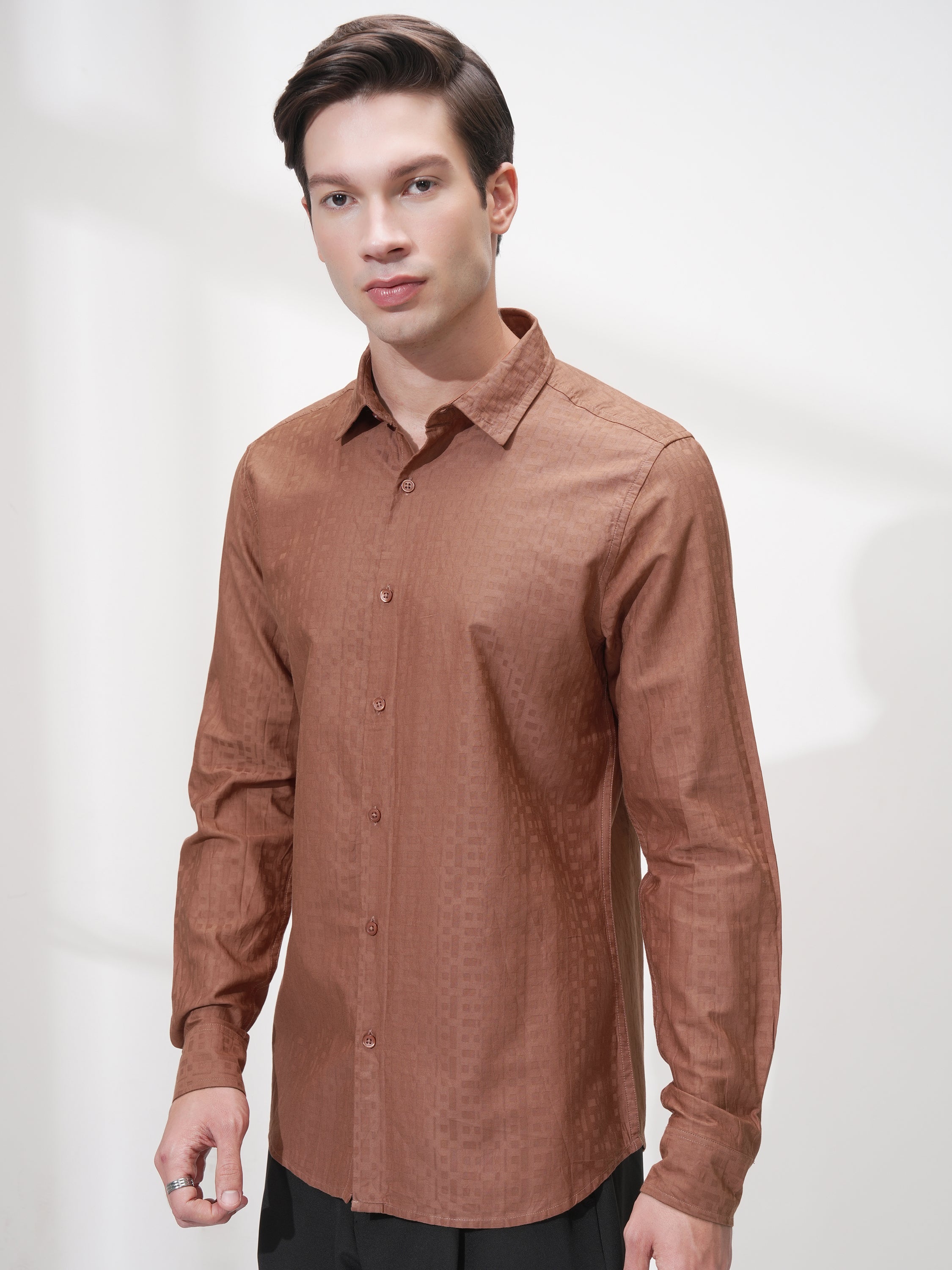 Highlander Men Rust Self Design Slim Fit Casual Shirt - Rust - Image 4