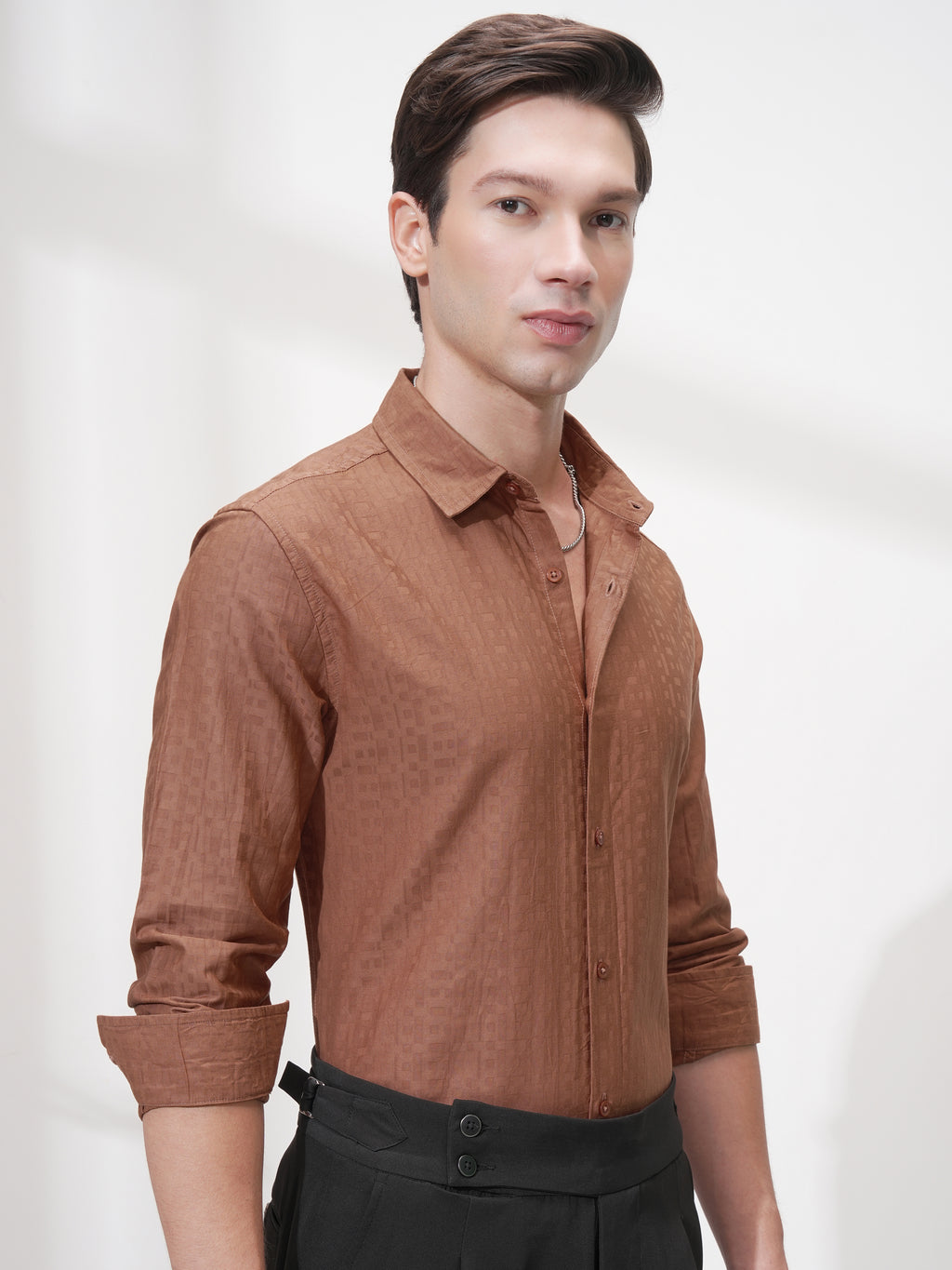 Highlander Men Rust Self Design Slim Fit Casual Shirt - Rust - Image 6