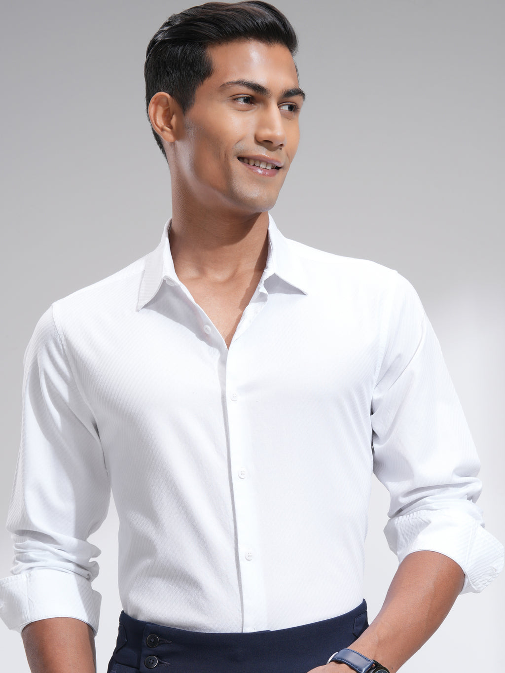 Highlander Men White Textured Slim Fit Casual Shirt - White - Image 1