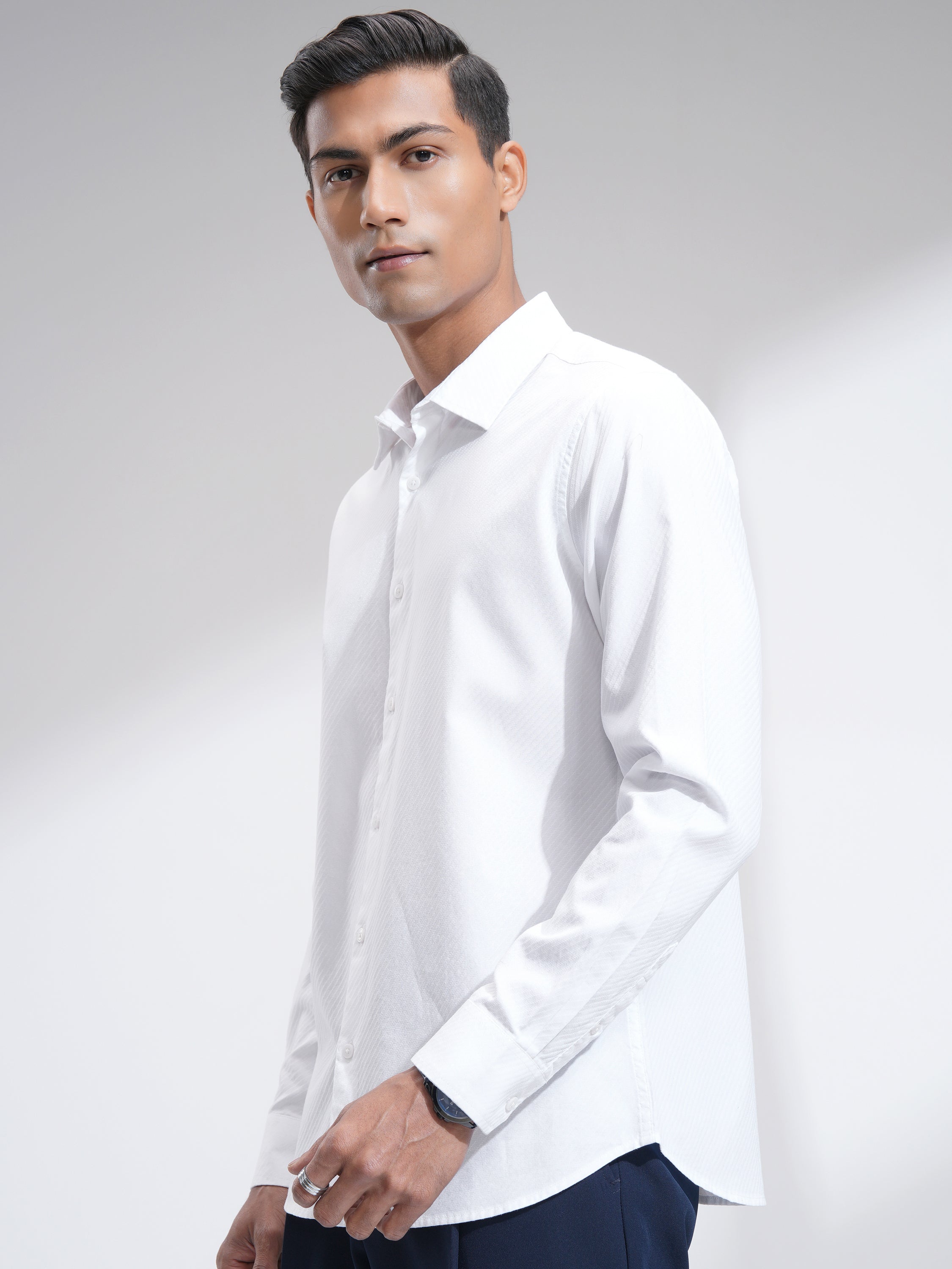 Highlander Men White Textured Slim Fit Casual Shirt - White - Image 4