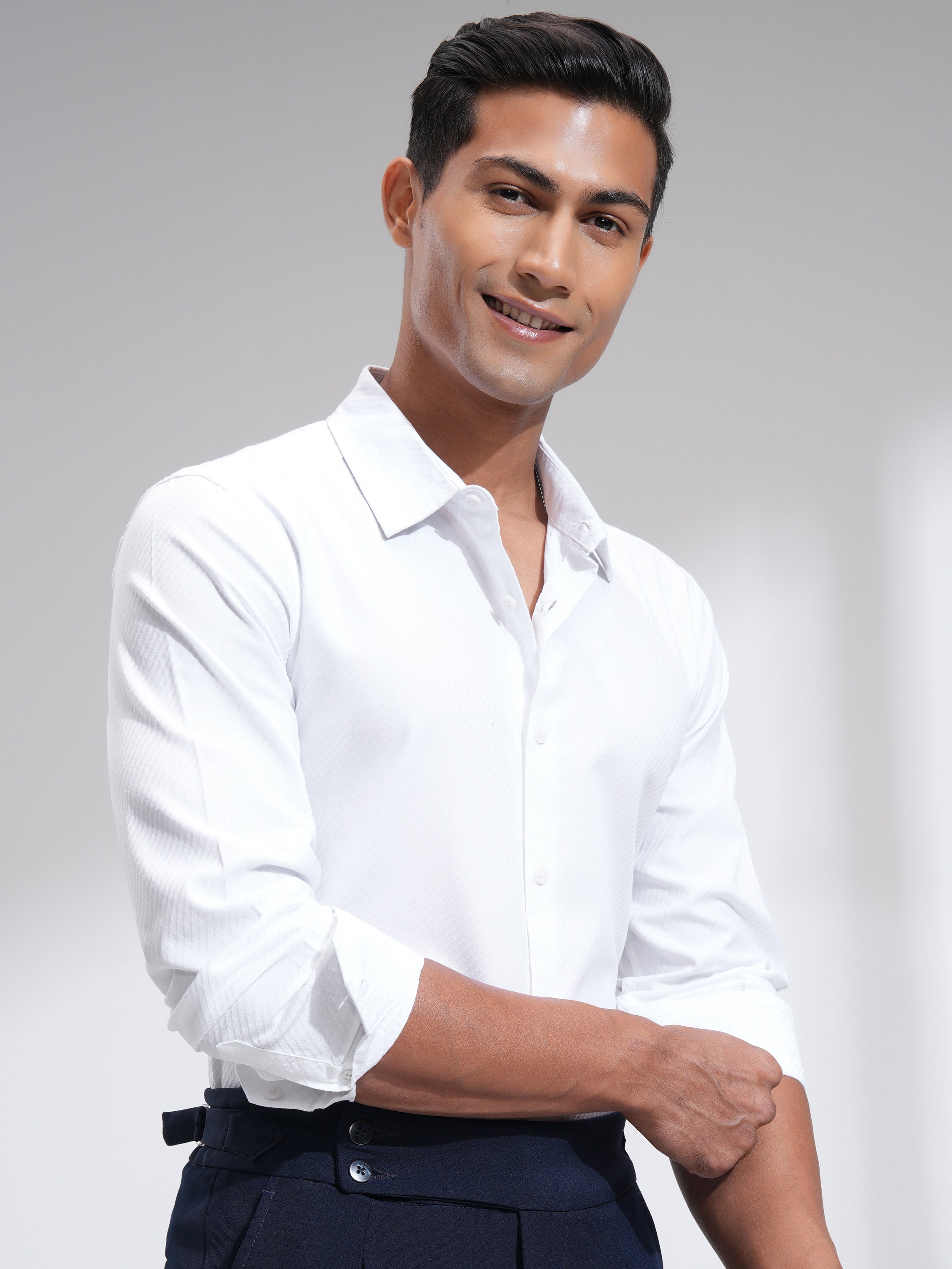 Highlander Men White Textured Slim Fit Casual Shirt - White - Image 6