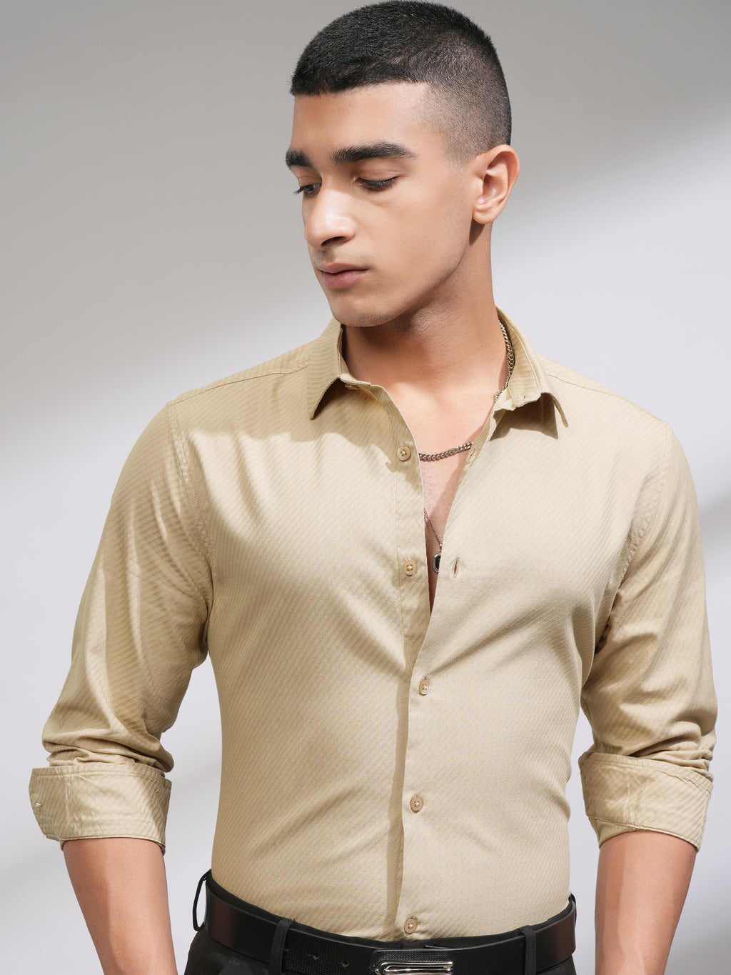 Highlander Men Beige Self Design Slim Fit Casual Shirt - Beige - Image 1