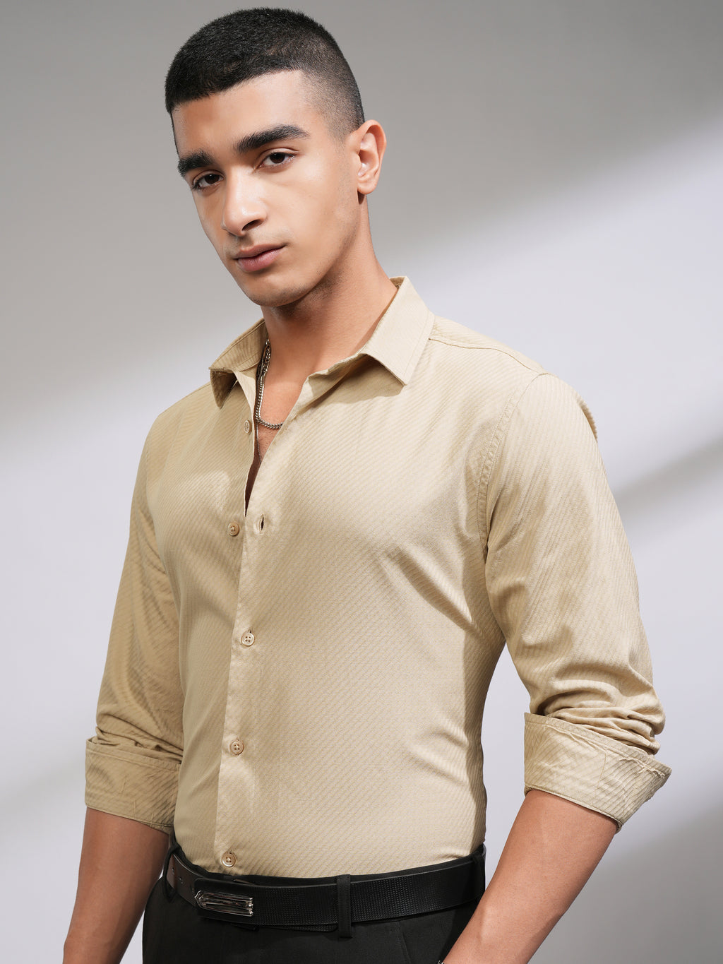 Highlander Men Beige Self Design Slim Fit Casual Shirt - Beige - Image 4