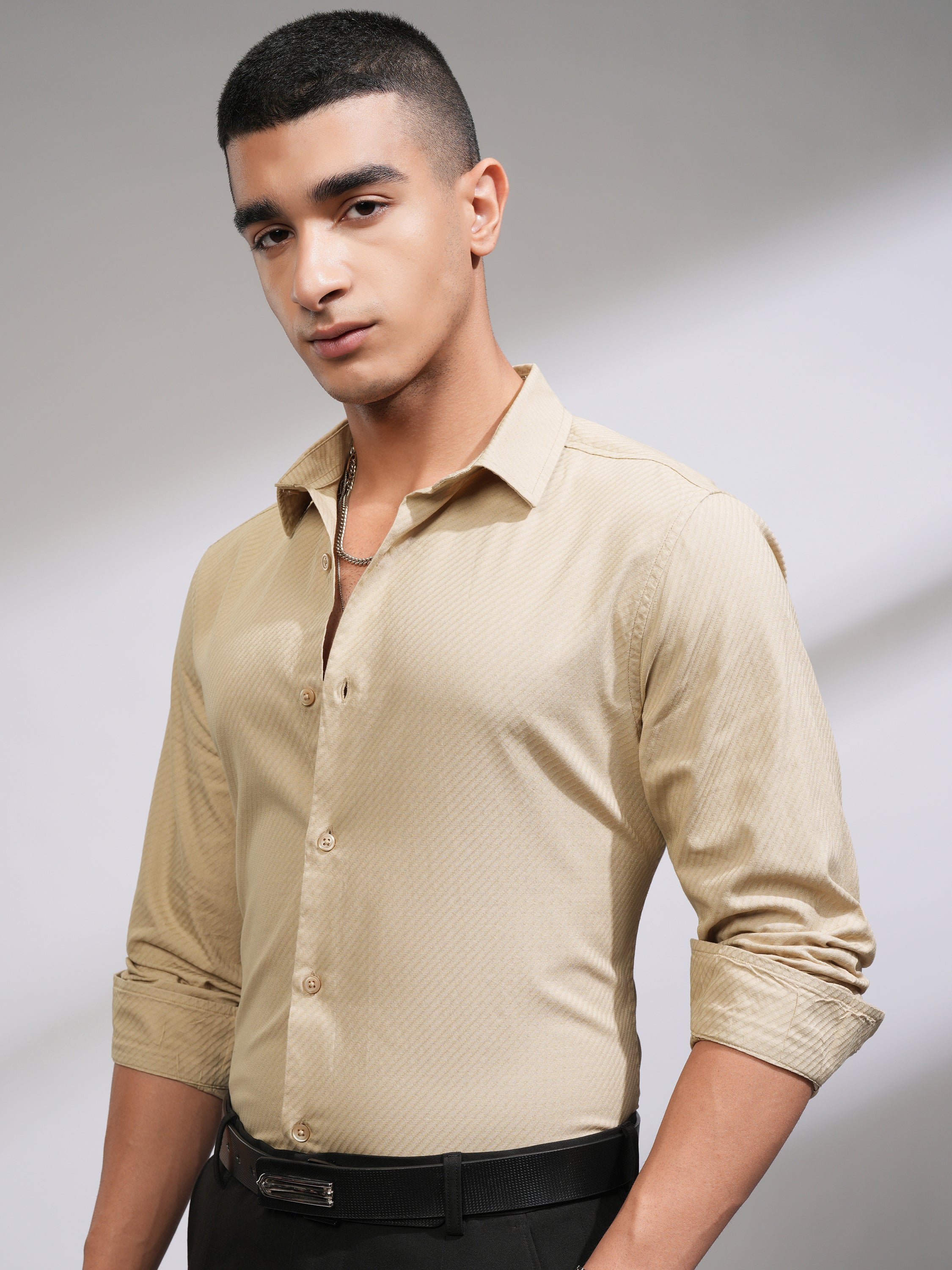 Highlander Men Beige Self Design Slim Fit Casual Shirt - Beige - Image 4