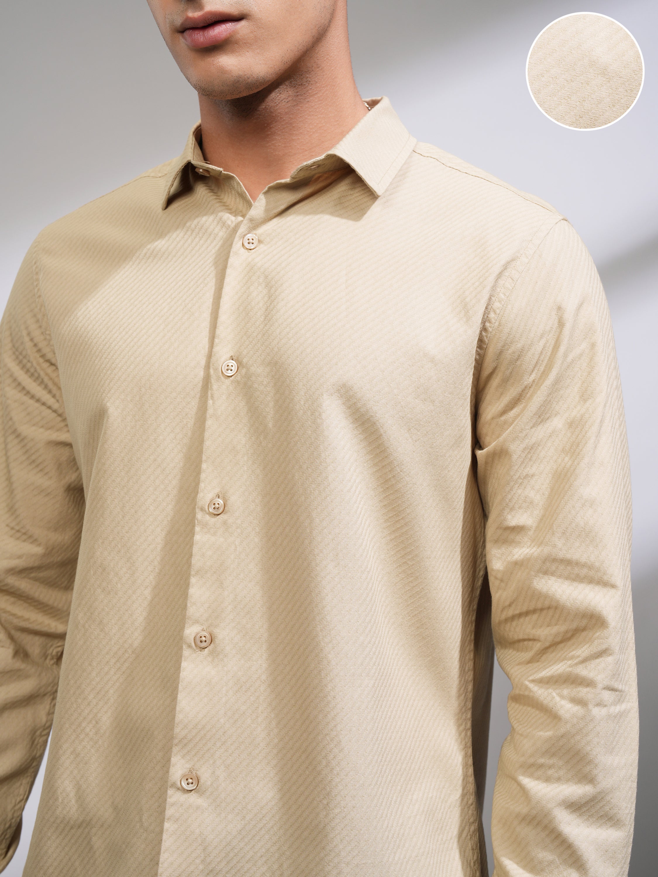 Highlander Men Beige Self Design Slim Fit Casual Shirt - Beige - Image 5