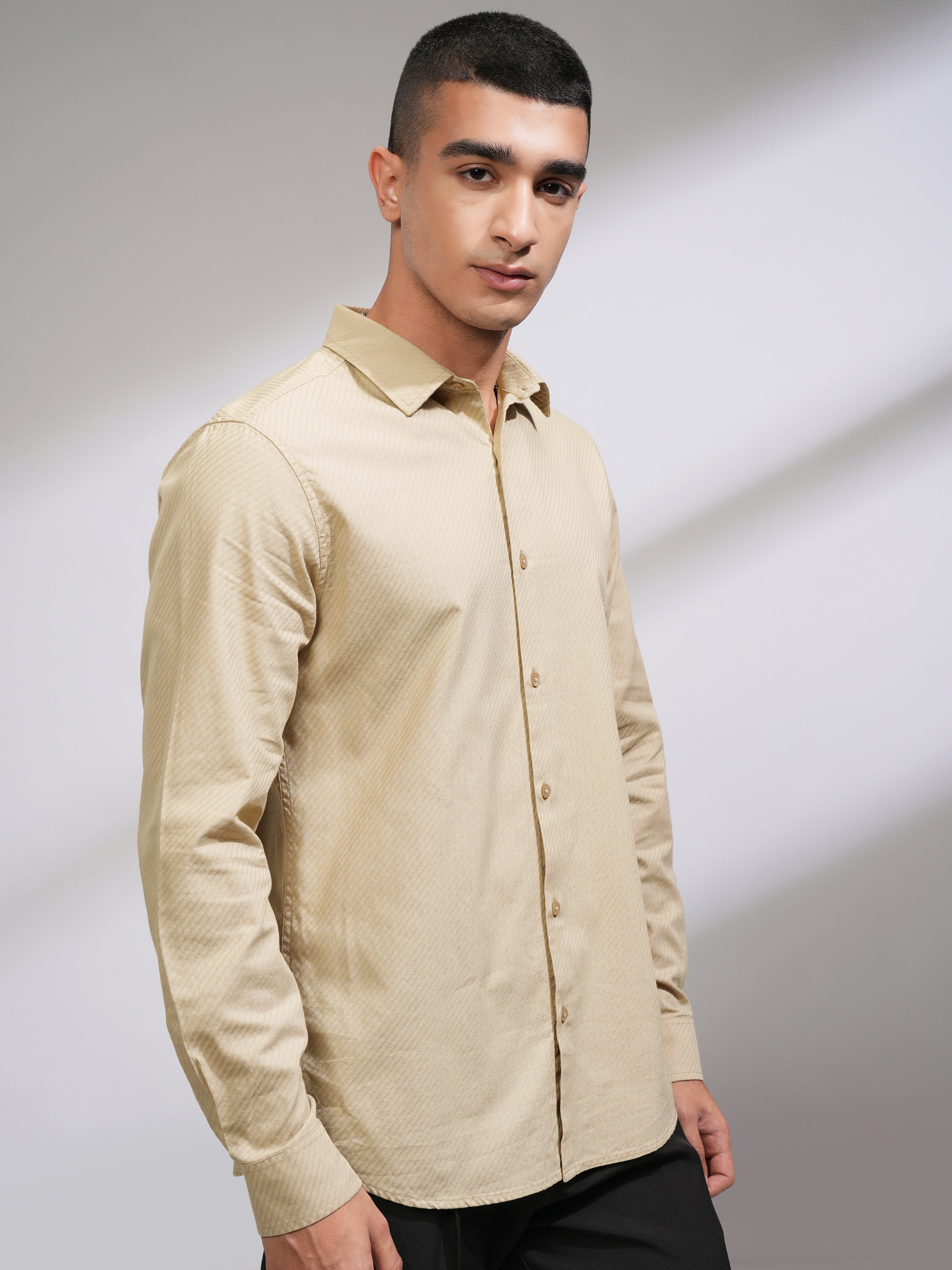 Highlander Men Beige Self Design Slim Fit Casual Shirt - Beige - Image 6