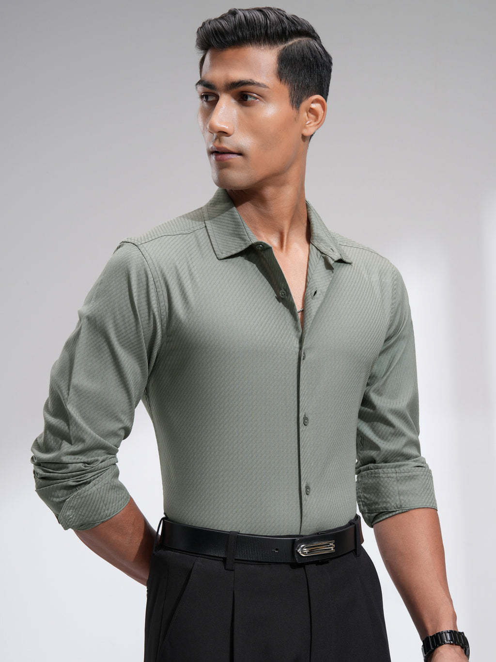 Highlander Men Green Textured Slim Fit Casual Shirt - Green - Image 6
