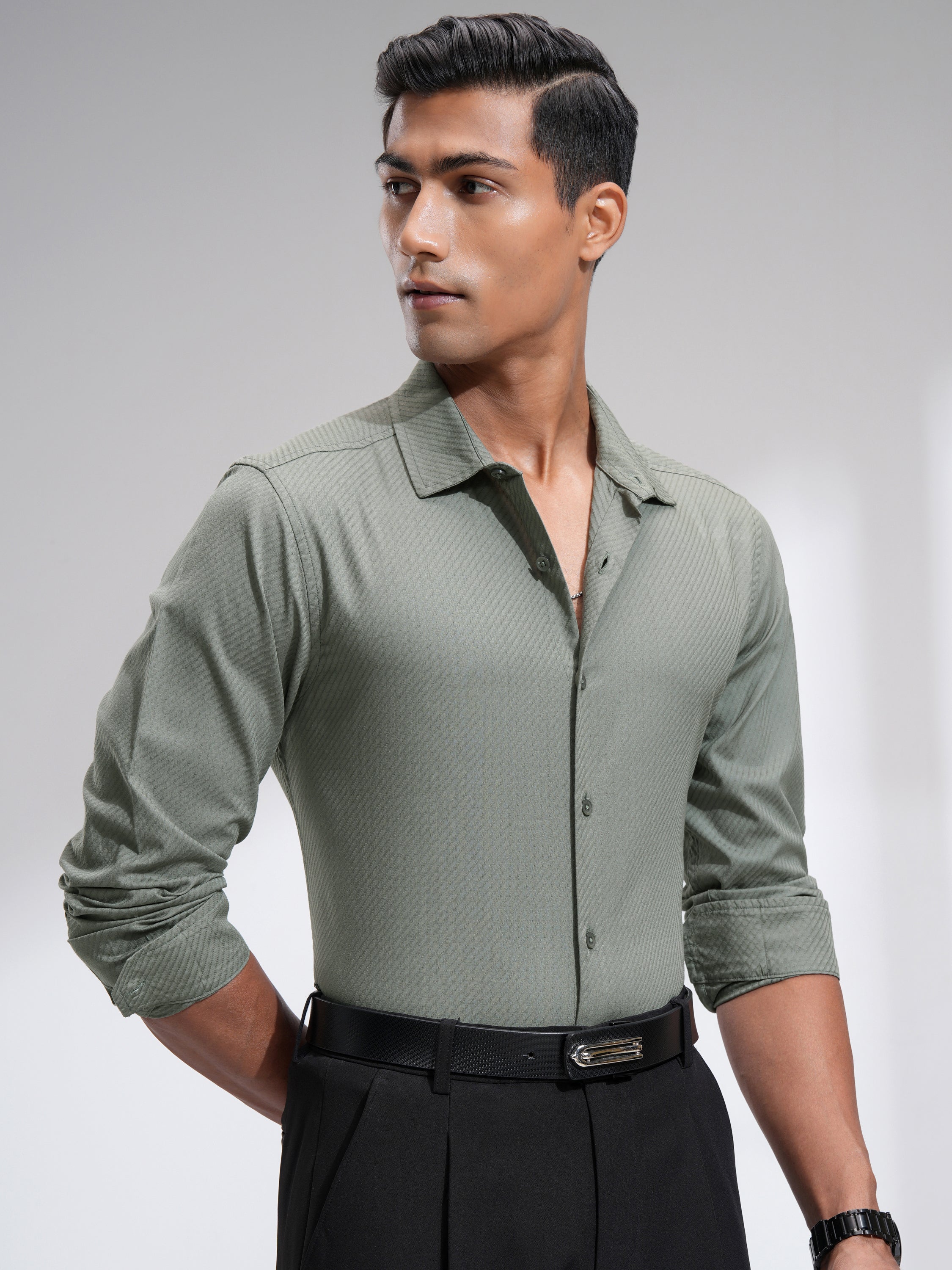 Highlander Men Green Textured Slim Fit Casual Shirt - Green - Image 6