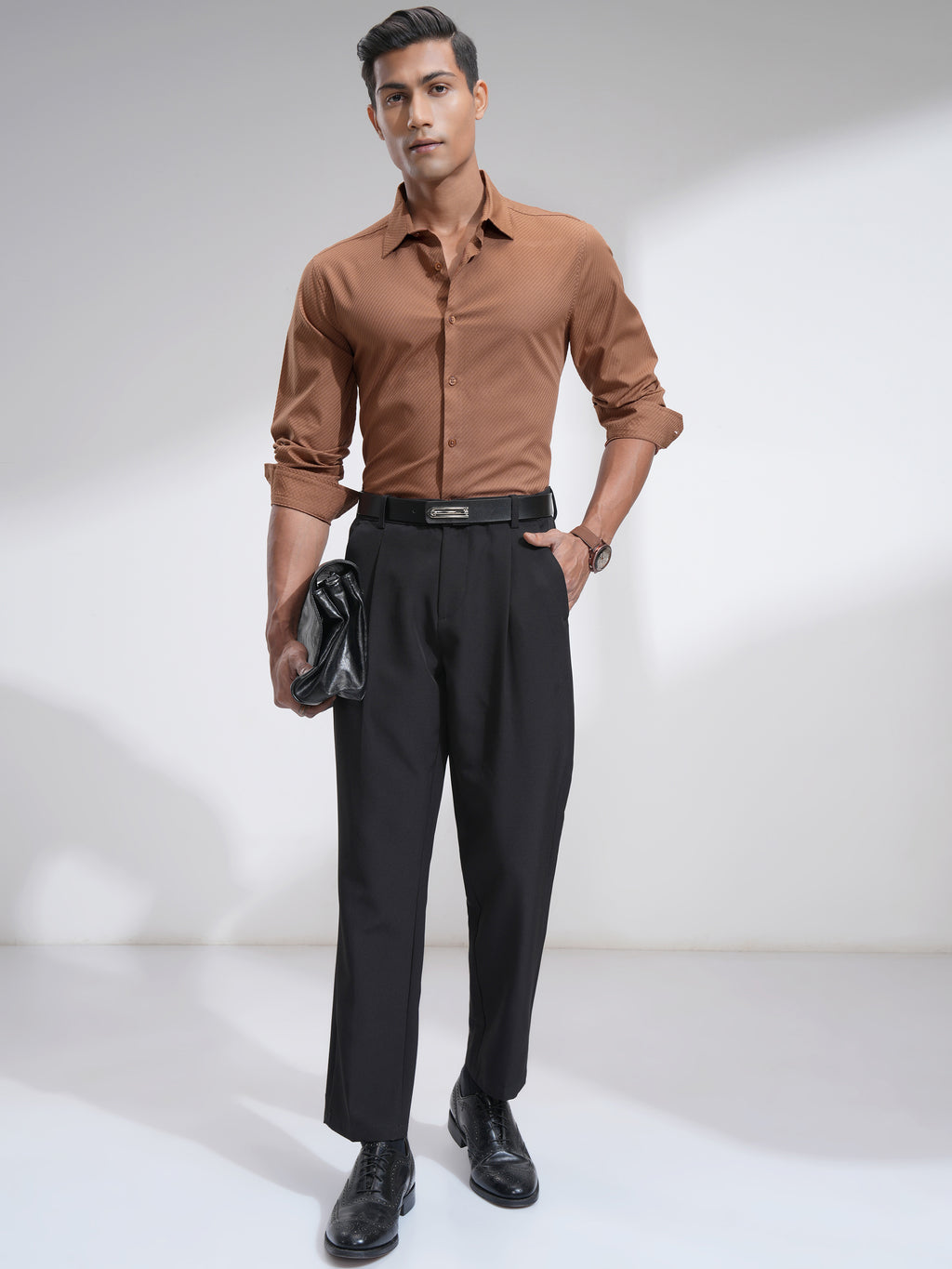 Highlander Men Rust Textured Slim Fit Casual Shirt - Rust - Image 2