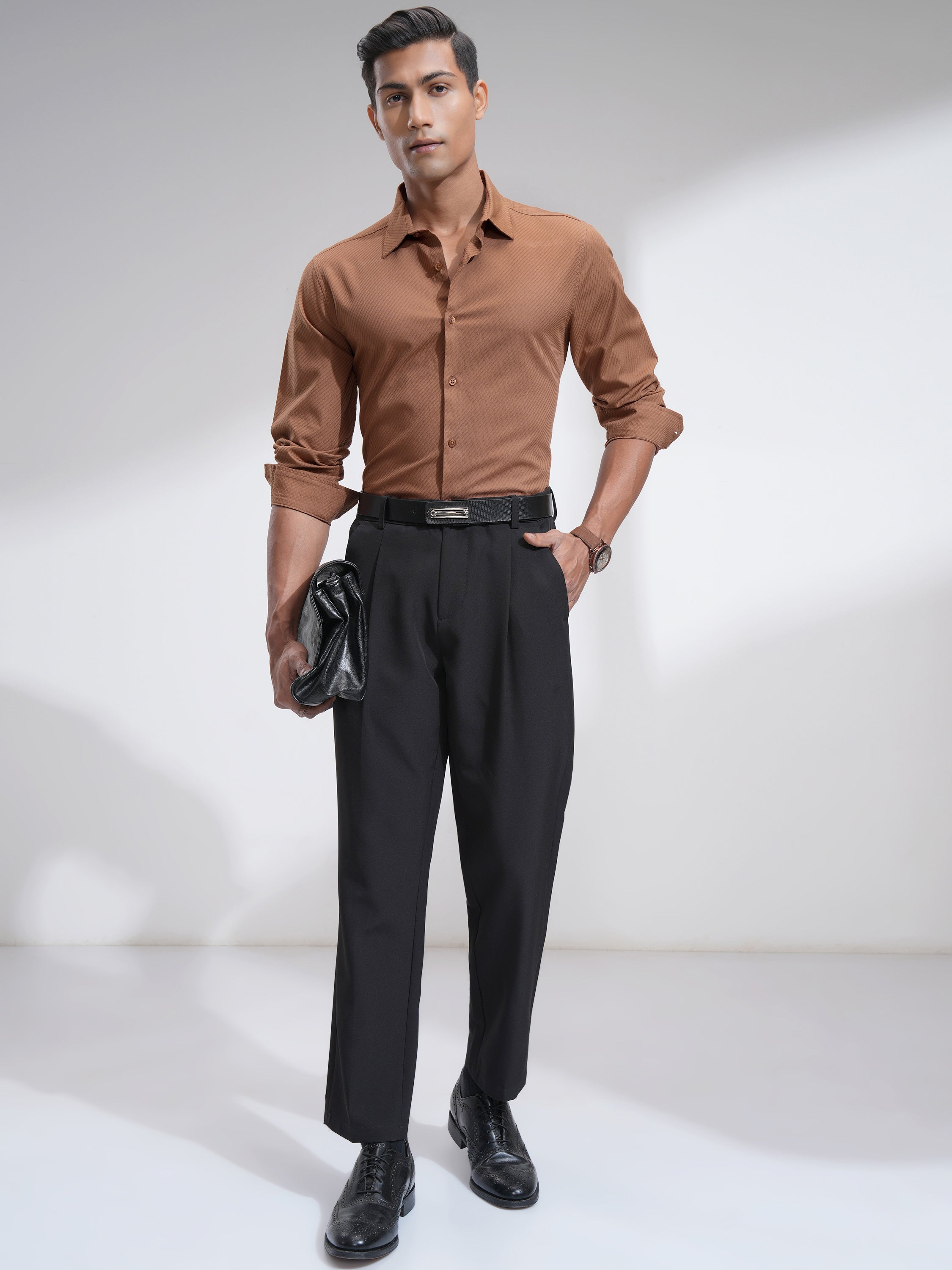 Highlander Men Rust Textured Slim Fit Casual Shirt - Rust - Image 2