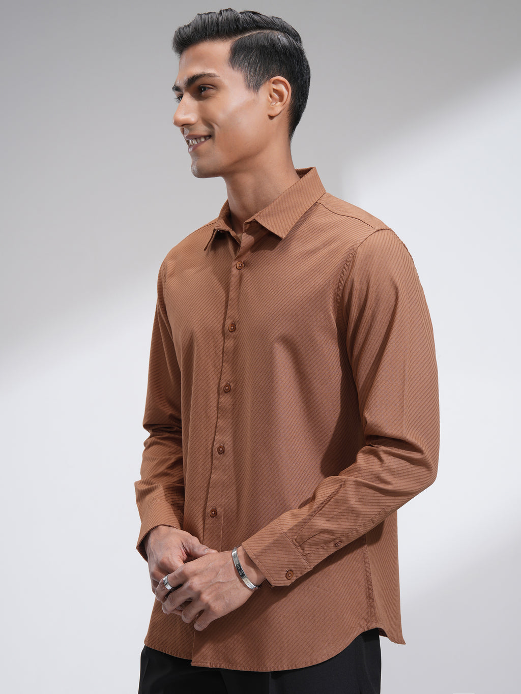 Highlander Men Rust Textured Slim Fit Casual Shirt - Rust - Image 4