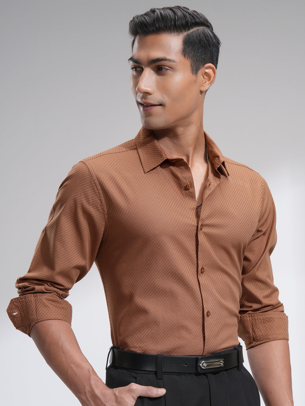 Highlander Men Rust Textured Slim Fit Casual Shirt - Rust - Image 6