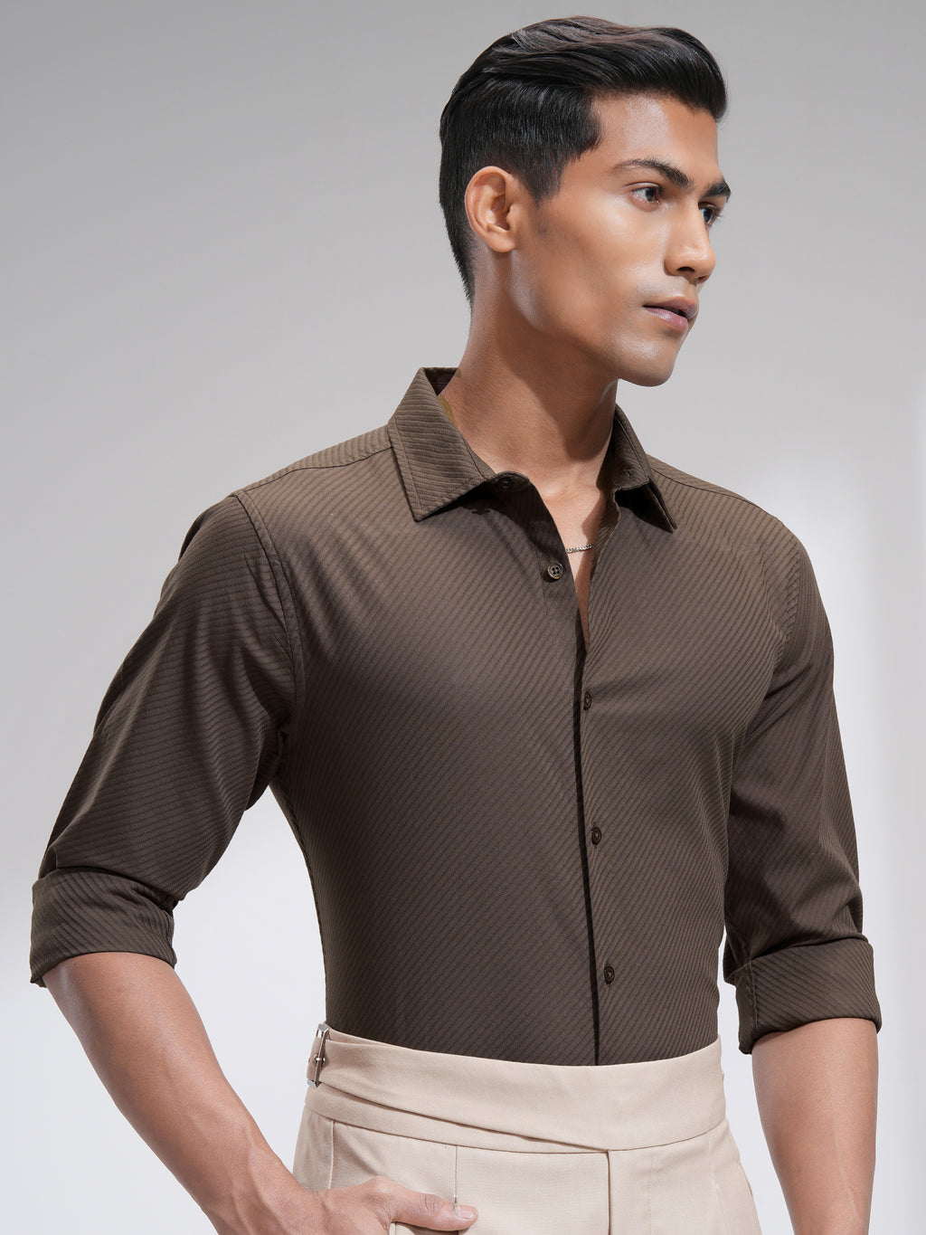 Highlander Men Khaki Textured Slim Fit Casual Shirt - Khaki - Image 6