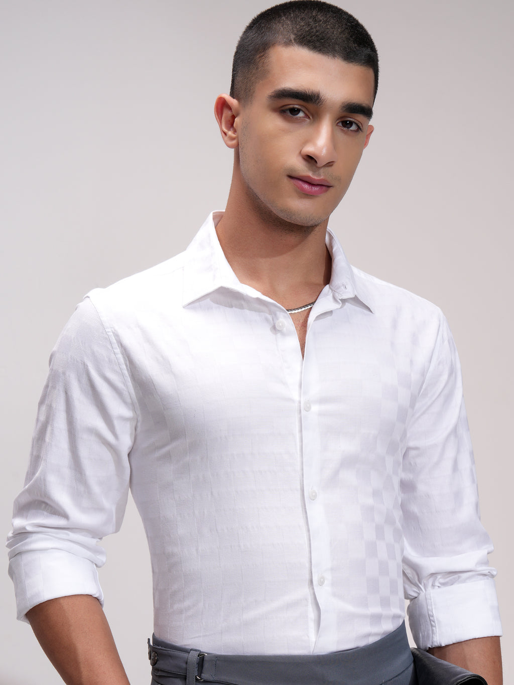 Highlander Men White Self Design Slim Fit Casual Shirt - White - Image 1
