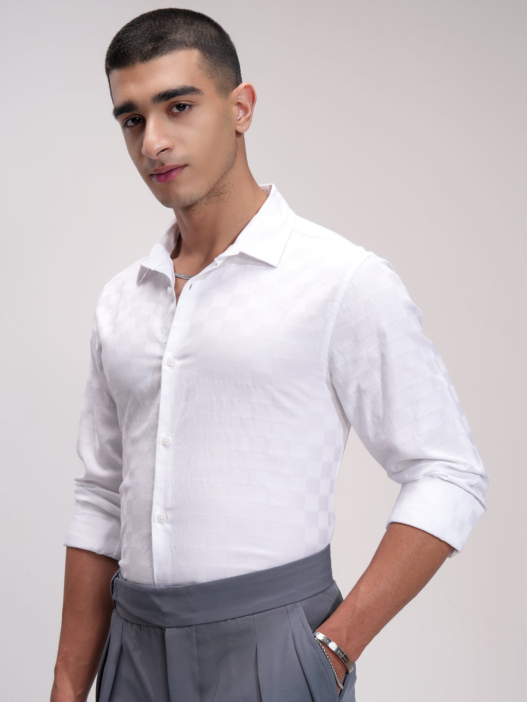 Highlander Men White Self Design Slim Fit Casual Shirt - White - Image 4