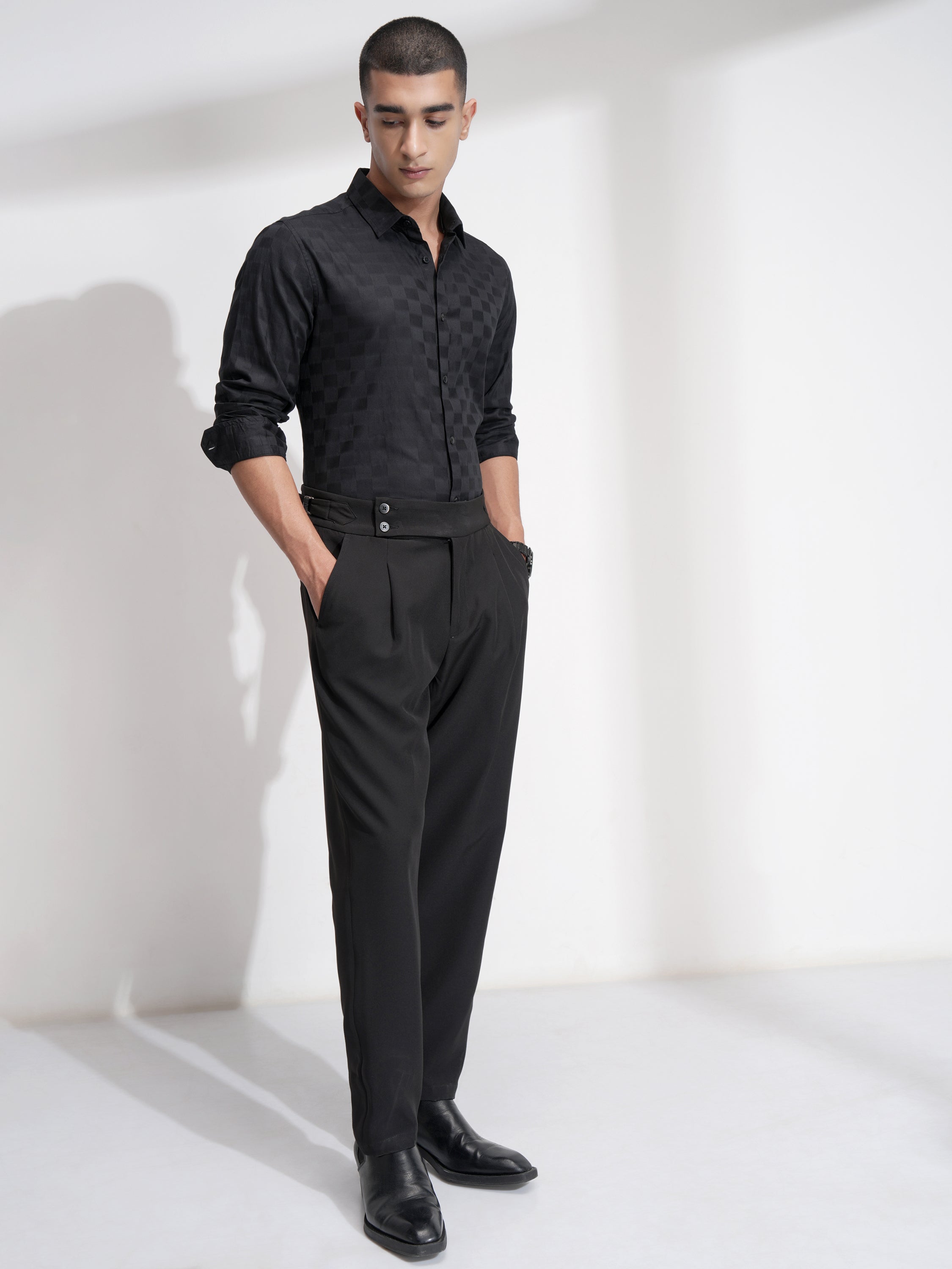 Highlander Men Black Self Design Slim Fit Casual Shirt - Black - Image 2
