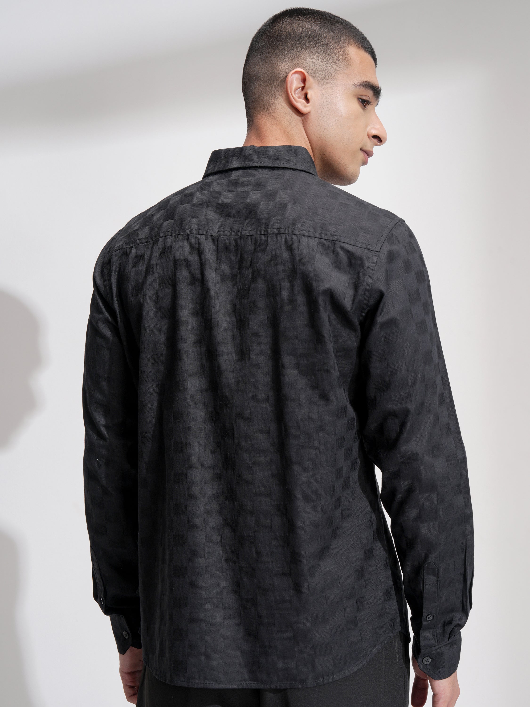 Highlander Men Black Self Design Slim Fit Casual Shirt - Black - Image 3