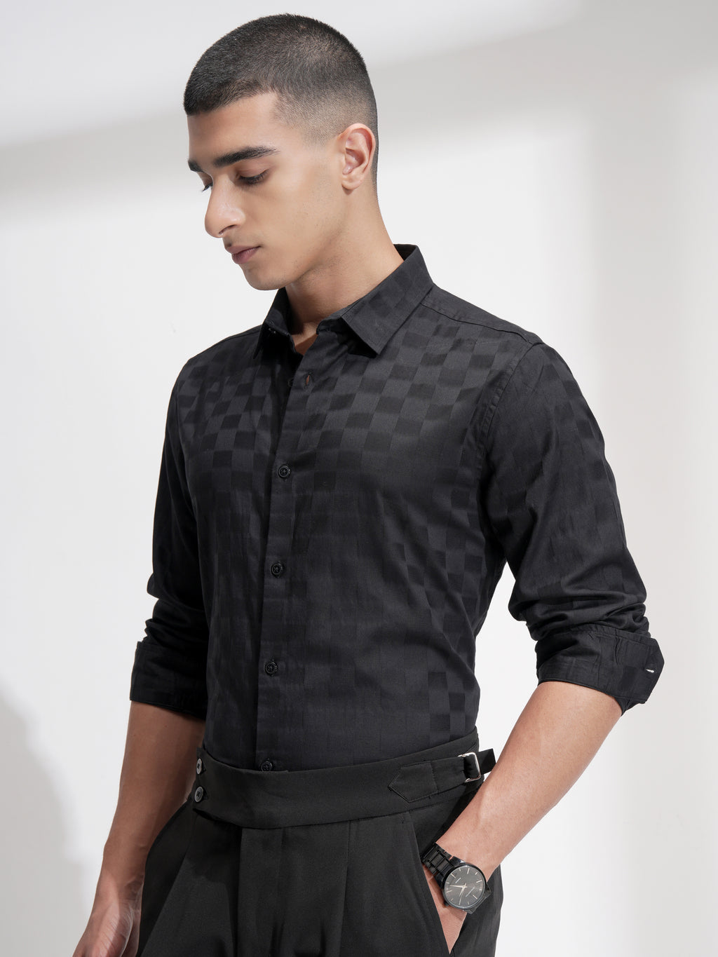 Highlander Men Black Self Design Slim Fit Casual Shirt - Black - Image 4