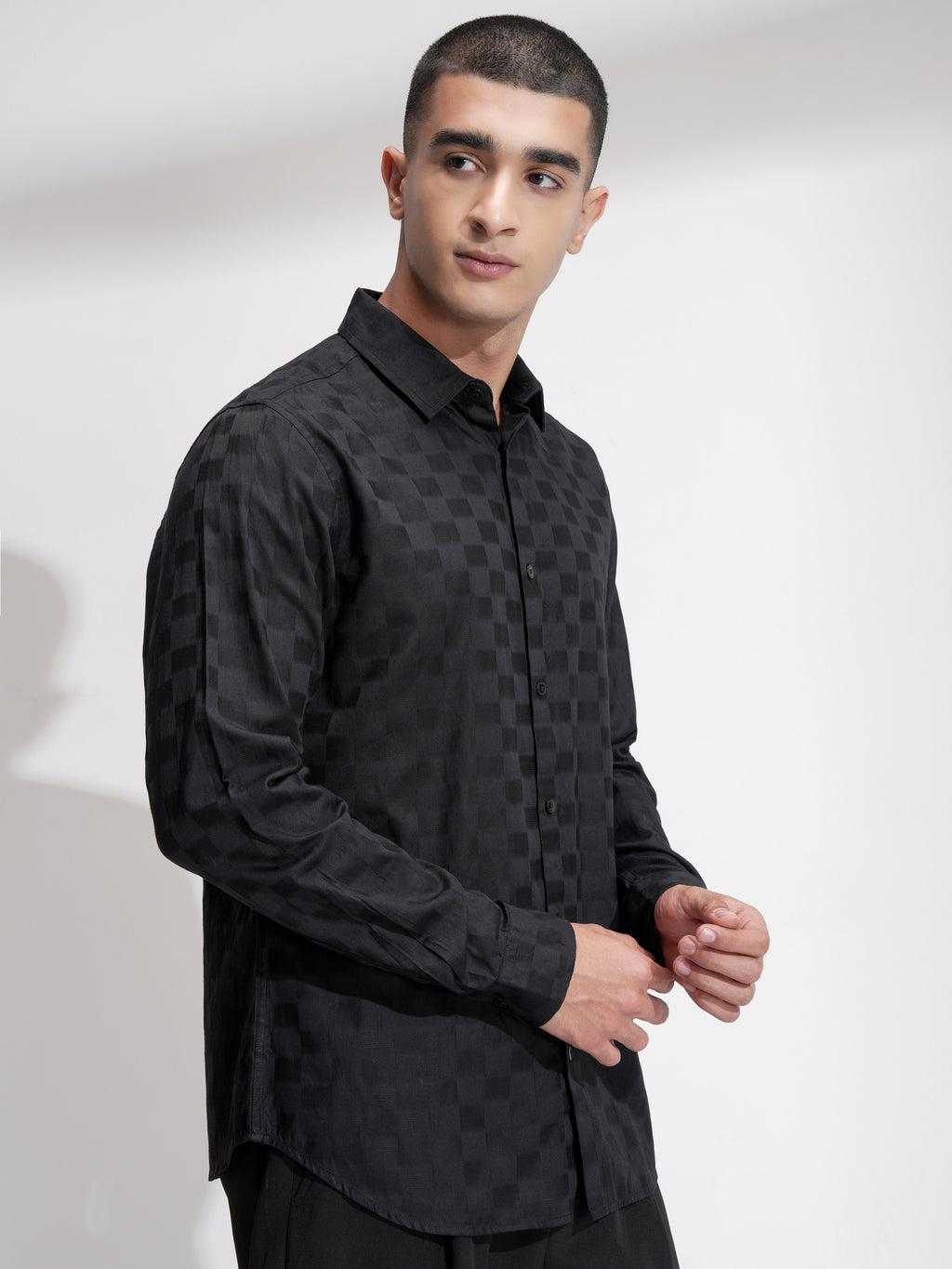Highlander Men Black Self Design Slim Fit Casual Shirt - Black - Image 6