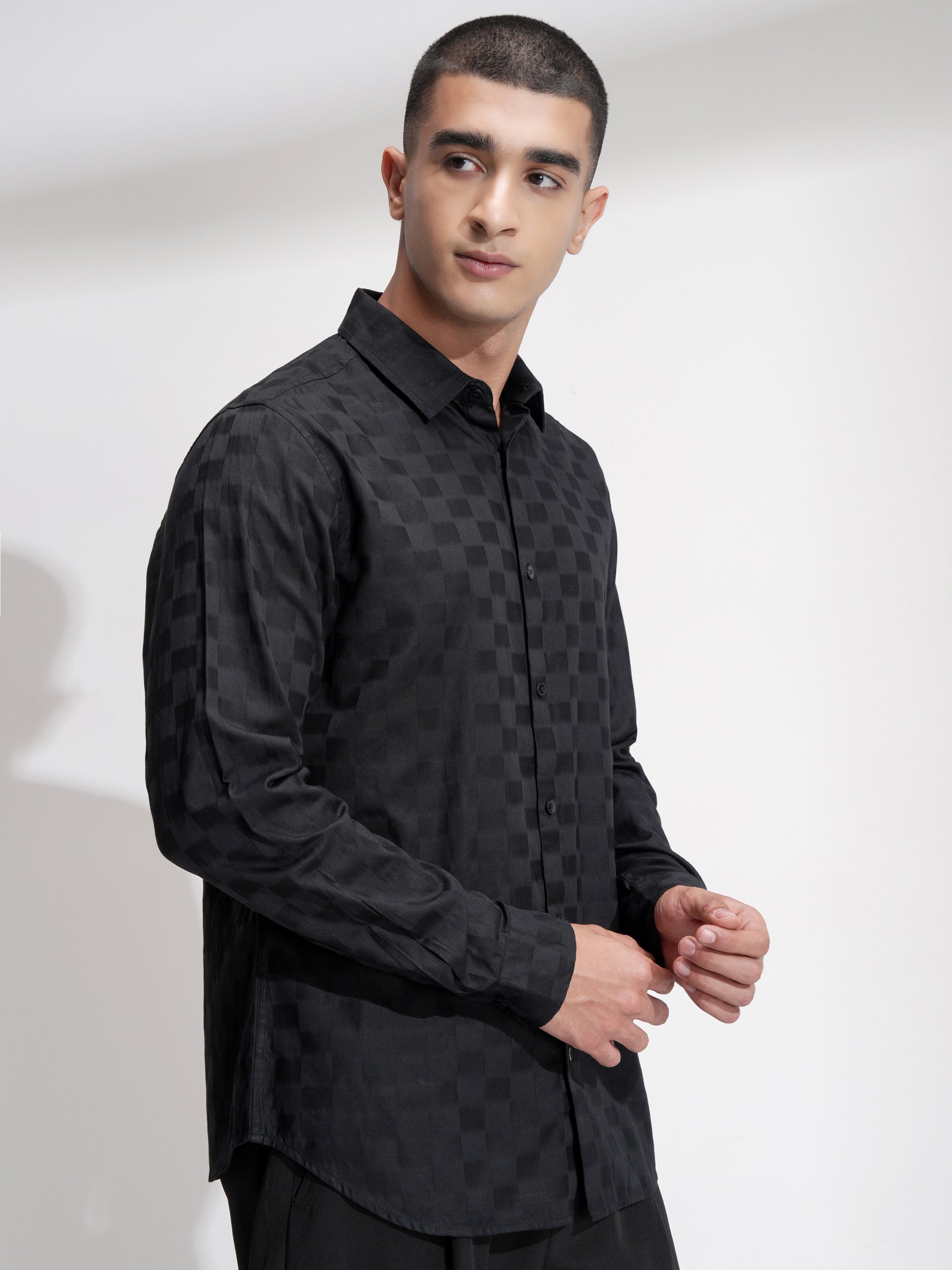 Highlander Men Black Self Design Slim Fit Casual Shirt - Black - Image 6