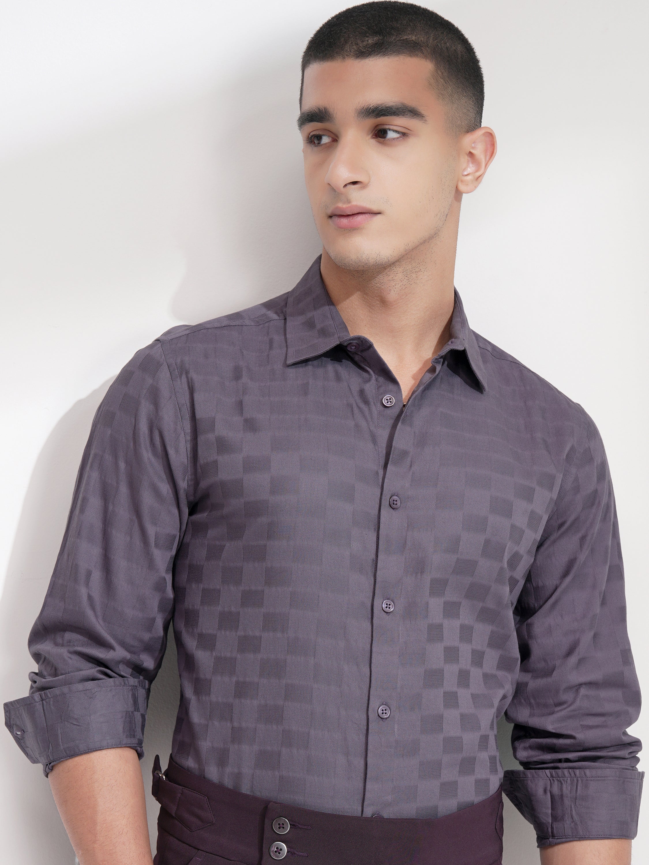 Highlander Men Purple Self Design Slim Fit Casual Shirt - Purple - Image 1